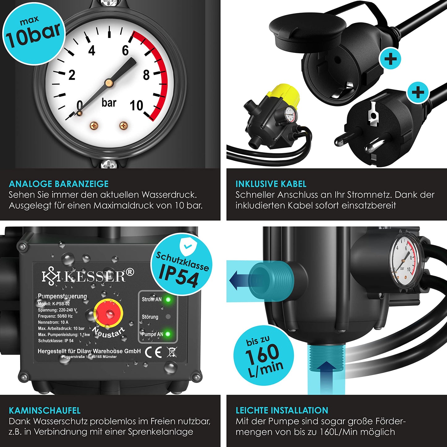 KESSER® Pump control with pressure display | with cable | 10 bar pressure switch Electronic pump control | Pressure switch | monitors water pressure - automatic on and off Garden & Home