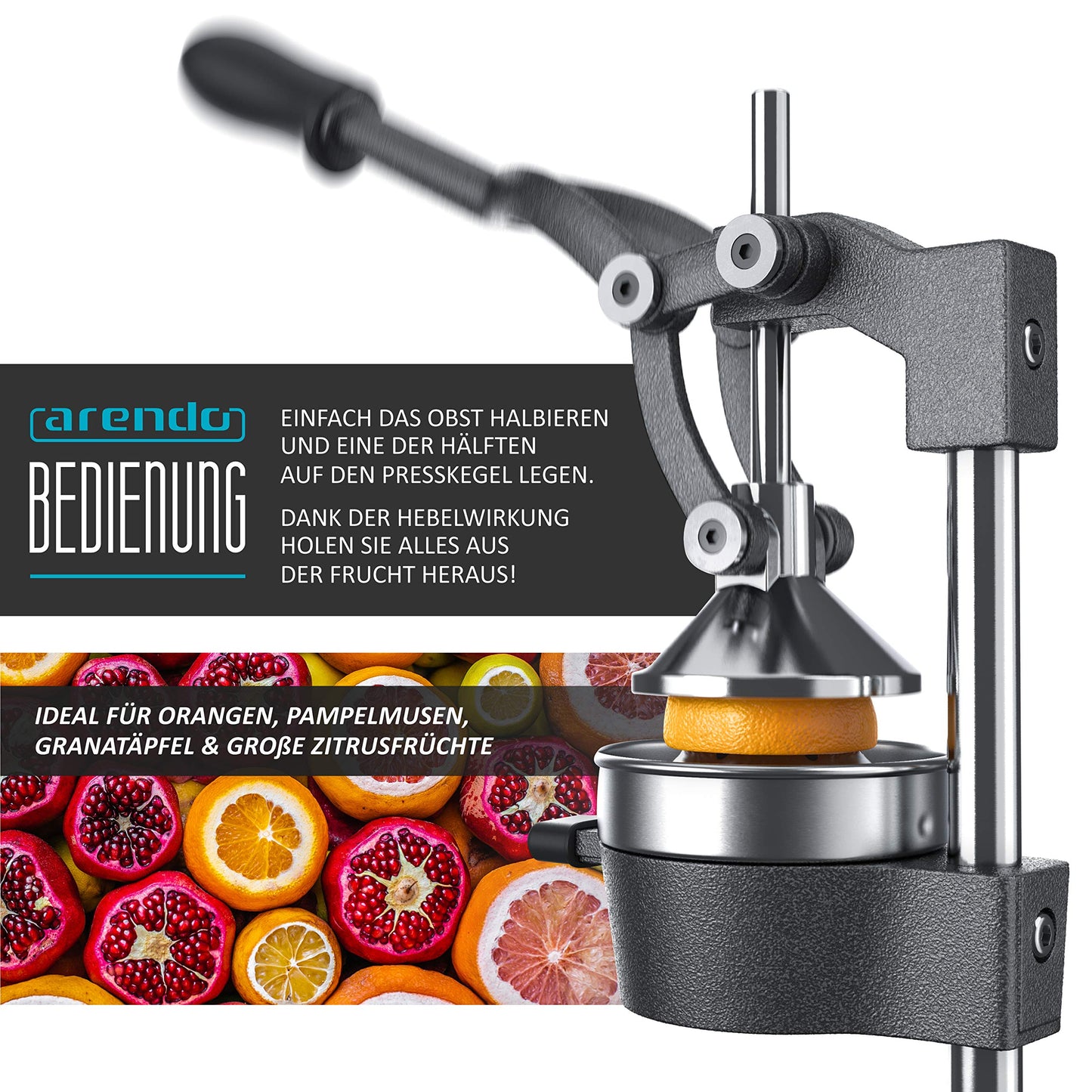 Arendo - Juice Press - Manual Juicer Stainless Steel - Mechanical Juicer - Orange Press Citrus Press Manual with Lever - for Oranges Grapefruits Citrus Fruits - solid construction