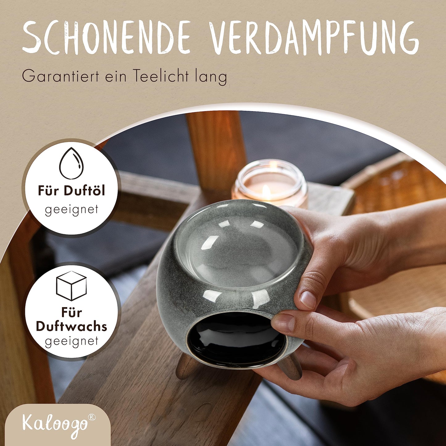 Kaloogo Sabai Scent Ceramic Oil Diffuser - Elegant scent light - Sturdy design - Perfect heat distribution - High-quality tealight oil diffuser - for scented wax and essential oils (Ash Gray)