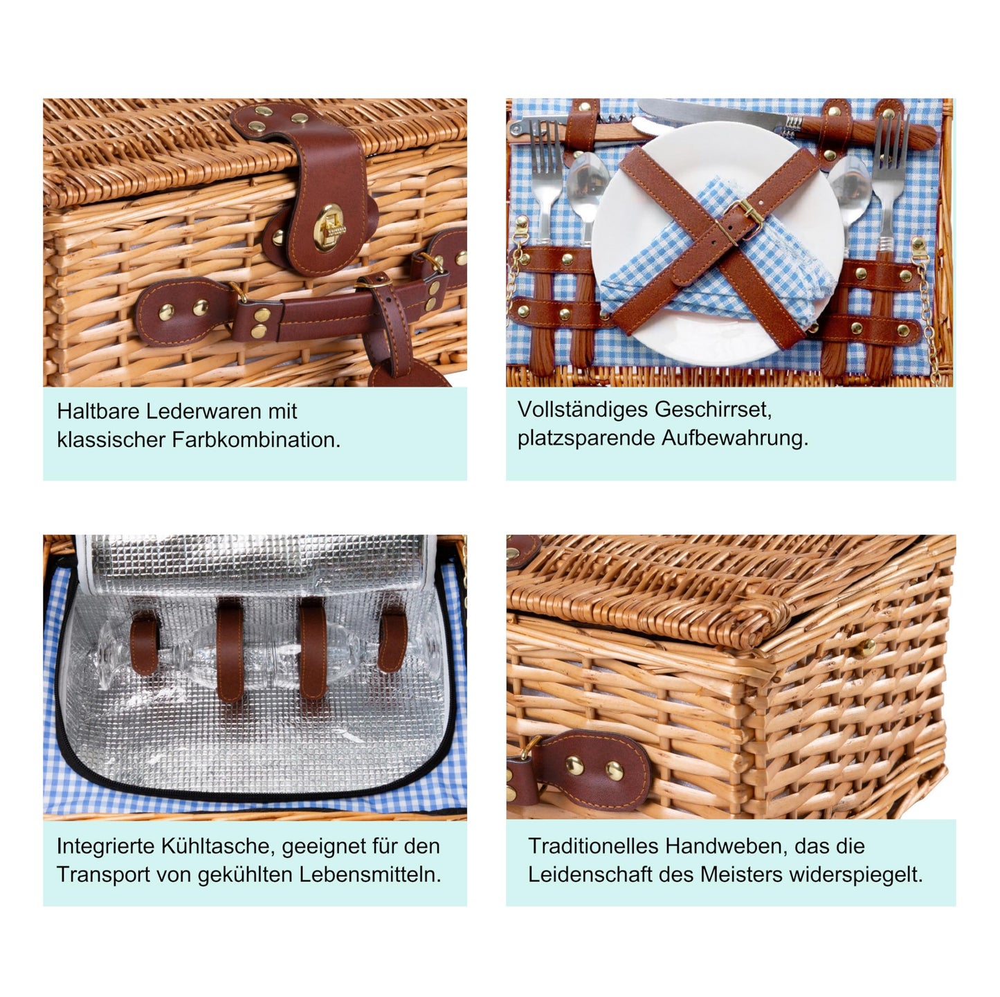 Enjoy willow wicker picnic basket for 2 with cooler & accessories β picnic set with utensils, porcelain plates, wine glasses β for camping, wedding & gift idea β BLUE
