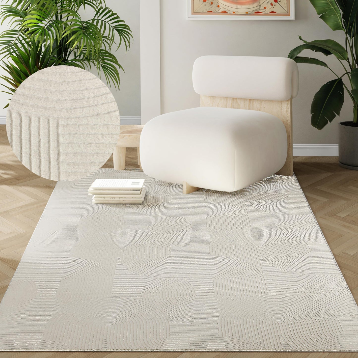 the Rio carpet - modern and soft rug for living room or bedroom with non-slip backing and 3D effect. Fluffy surface, easy to care for and durable. Cream color, 200 x 280 cm.