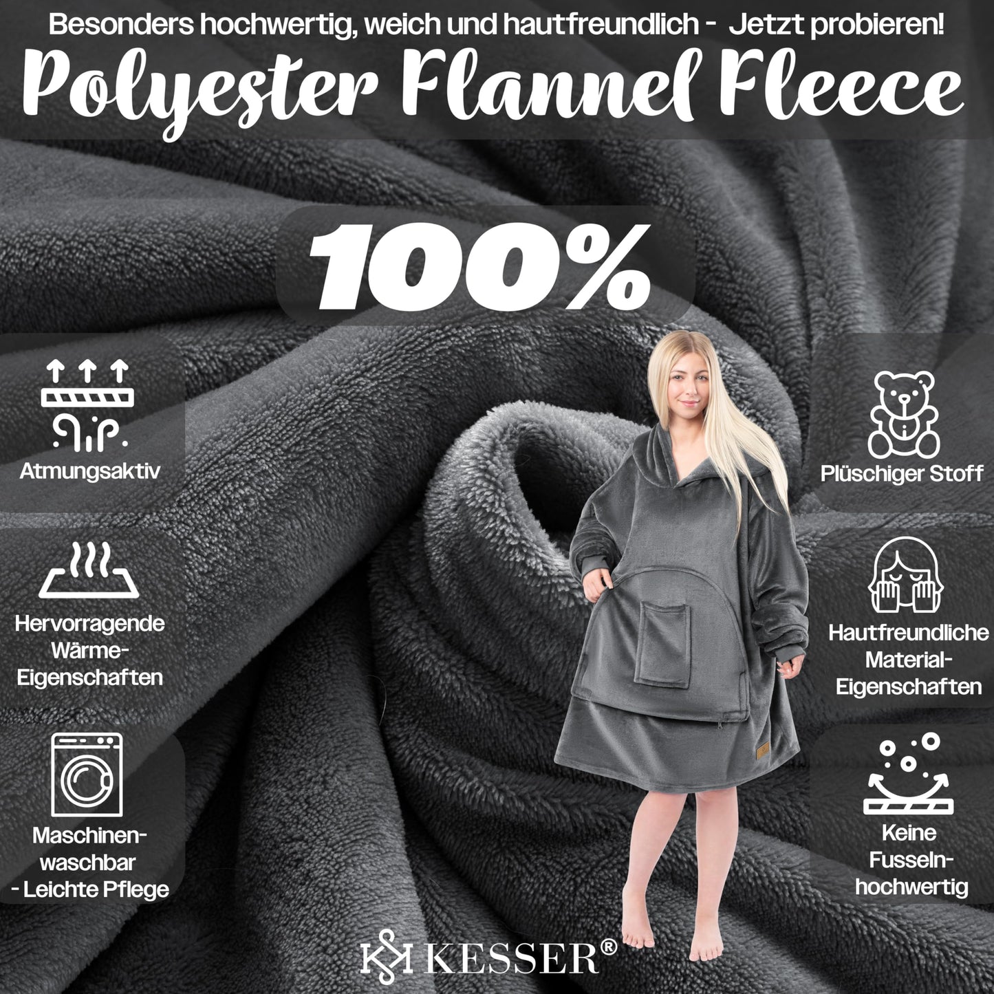 KESSER® Hoodie Blanket Snuggle Blanket with Sleeves Blanket Pullover Versatile Wearable Blanket for Women & Men, Sweatshirt Cozy Fleece Adult Soft Sleeve Blanket Oversize Anthracite