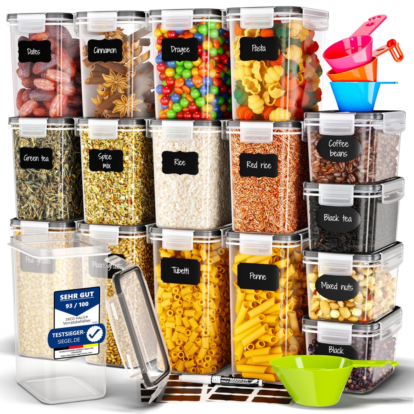 Deco haus® airtight storage containers with lids 16-piece set - For pasta, cereal, flour - Storage box with lid - Kitchen storage containers - Kitchen storage & organization