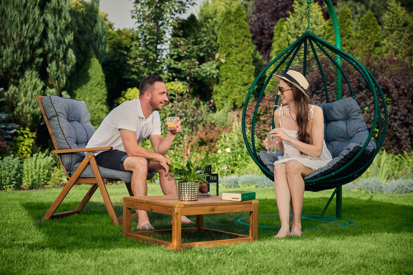 Bjird hanging chair cushion, pad, cushion for polyrattan & rattan hanging swing, seat cushion for hanging basket - round seat cushion - back cushion for hanging seat - indoor & outdoor - graphite eco-linen.