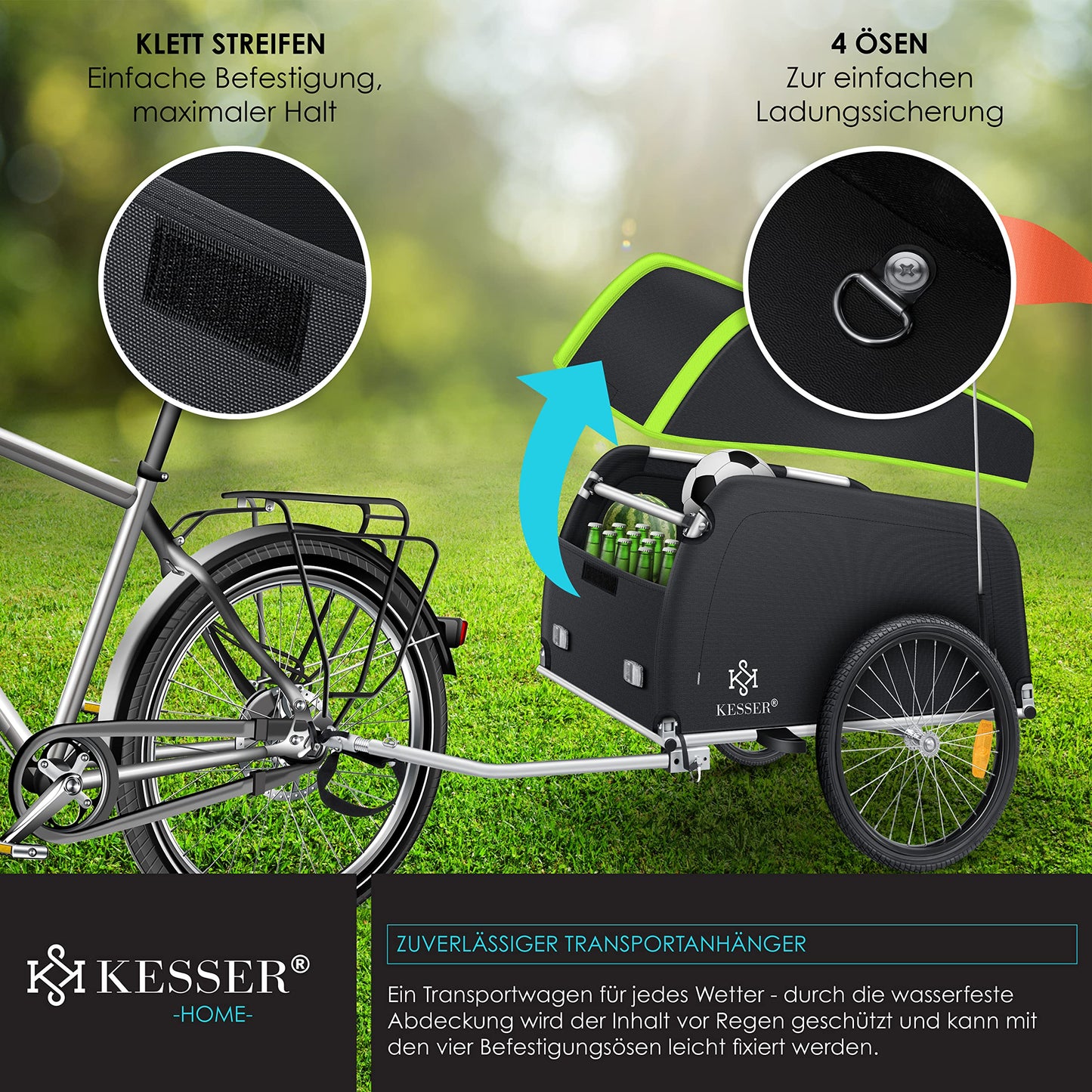 KESSER® bicycle trailer cargo trailer transport trailer high drawbar with coupler, incl. cover folding function high drawbar attaches to bicycle transport box with 120 liters max. 40 kg light green