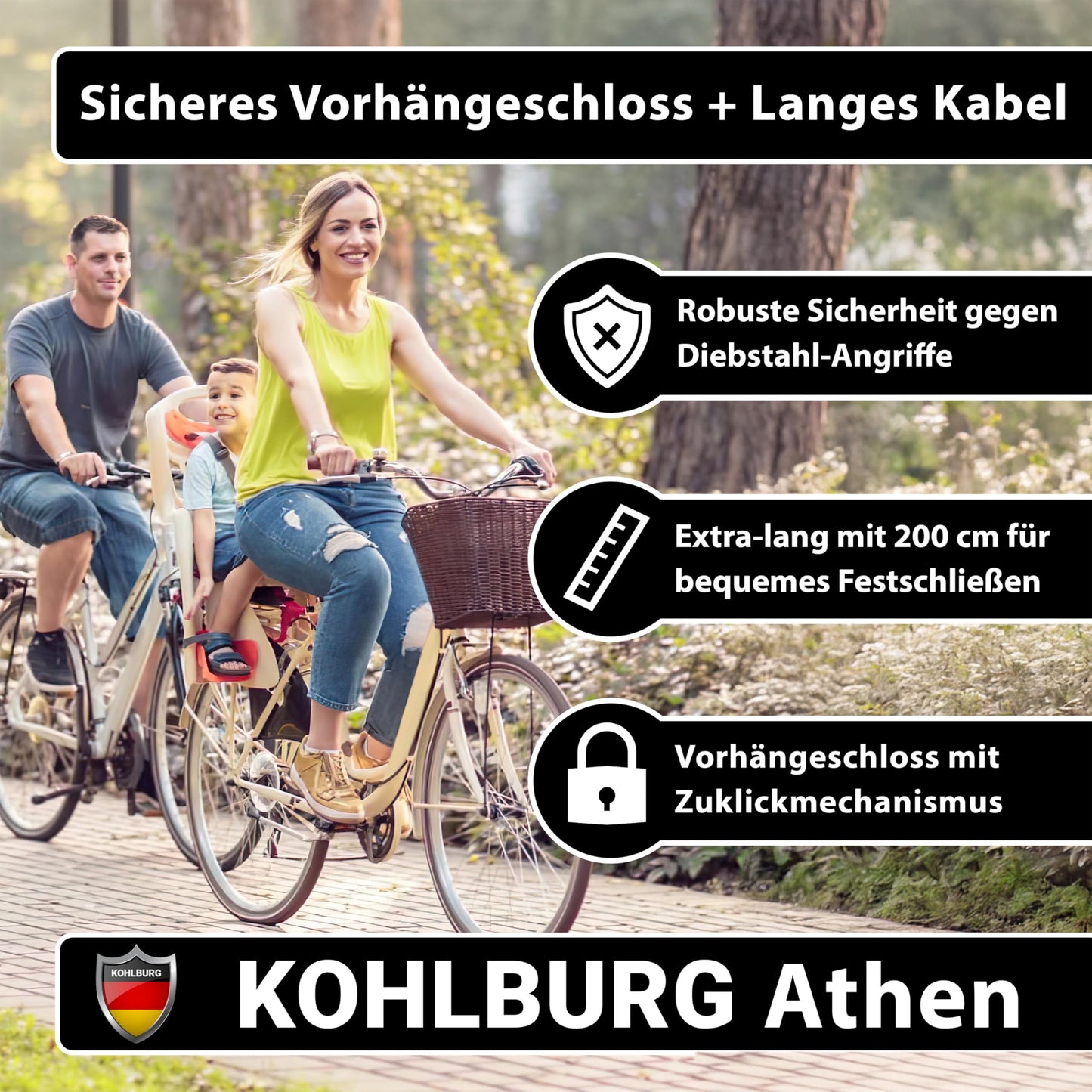 Kohlburg cable lock 2 meters long - lock with key easy to close - 2m loop cable for bike & garden furniture - steel cable 200 cm as bike lock, trailer & stroller