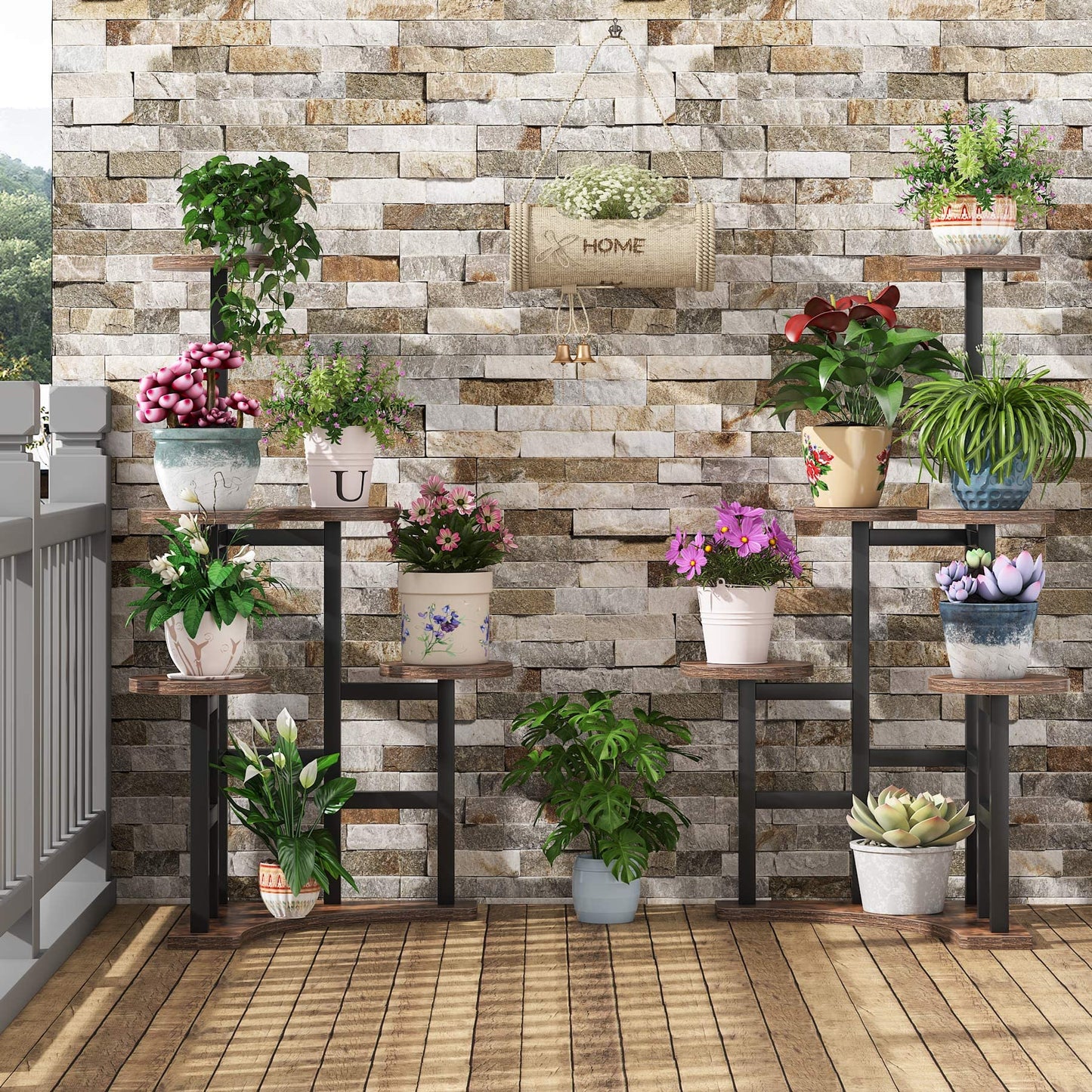 Tribesigns flower stand, plant shelf indoor, 6 levels flower rack indoor, metal plant stand flower rack pot for living room, balcony, garden, rustic brown