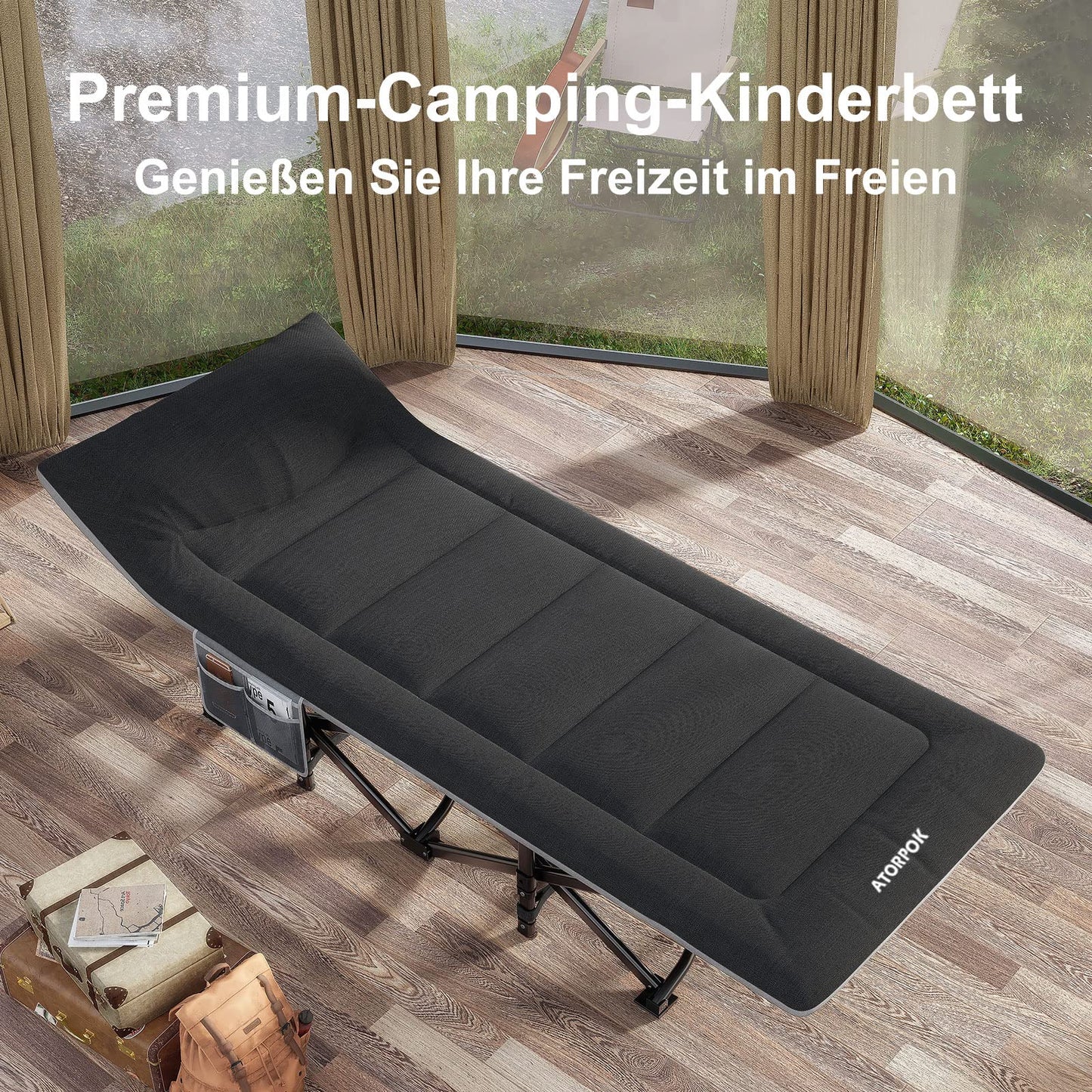 ATORPOK SHOP Camping bed foldable, extra wide foldable cot for outdoor garden indoor (black)