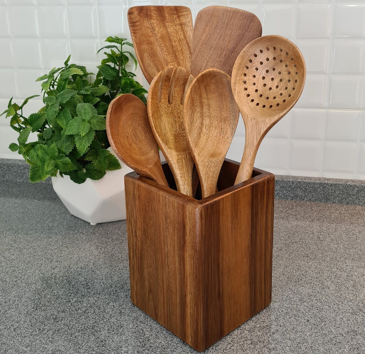 ALEXE® Kitchen Helper Set made of acacia wood, 6 pieces of wooden kitchen utensils set (acacia), Japanese style, scratch-resistant and heat-resistant, wooden cooking spoon set for non-stick pans