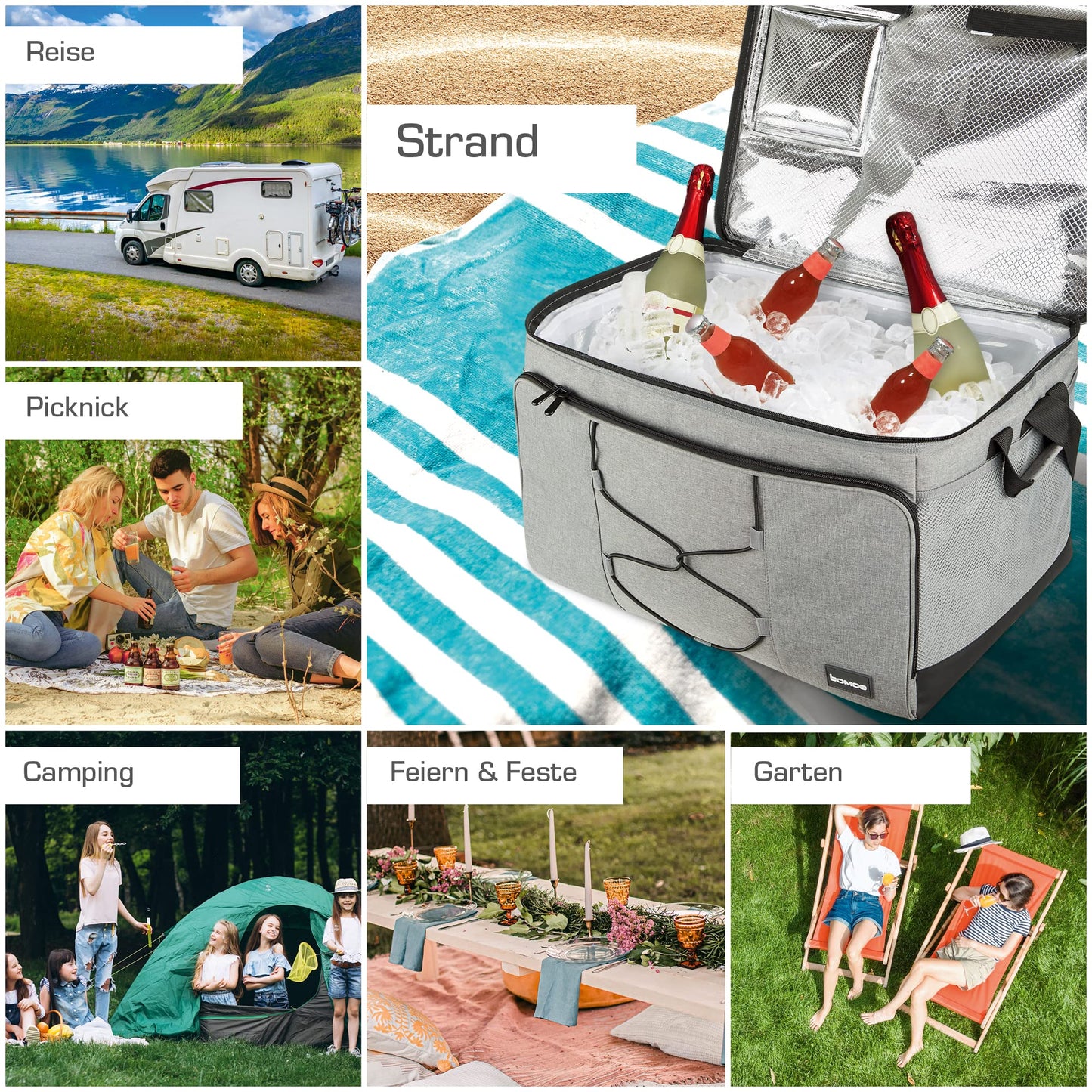 bomoe 52 liter XXL cooler bag foldable - outdoor cooler box 16h cooling function with shoulder strap, waterproof picnic bag thermal bag with storage surface, insulated bag gray - IceBreezer KT53