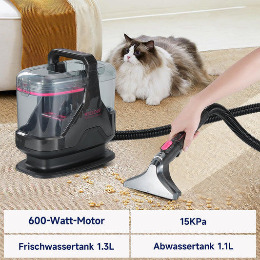WECLEAN C3 wet/dry vacuum cleaner upholstery cleaner machine, stain remover for carpets, sofas, stairs, windows, mirrors, upholstery, cars, 600 watts, 15KPa, black/pink.