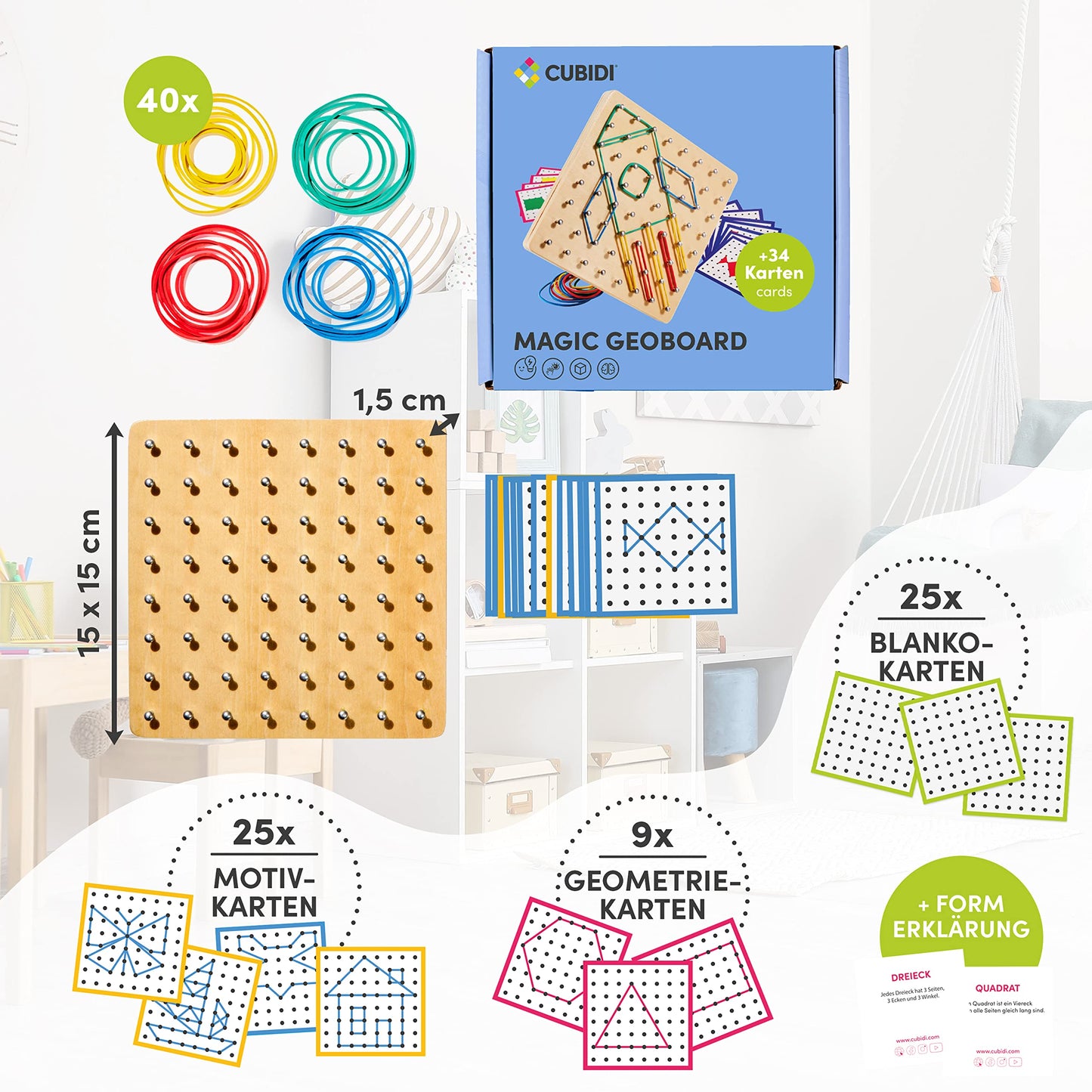 CUBIDI® Creative Montessori Toy Geoboard for Countless Exciting Shapes - Fine Motor and Educational Toy - Geoboard Toy for Boys and Girls 5 Years and Up