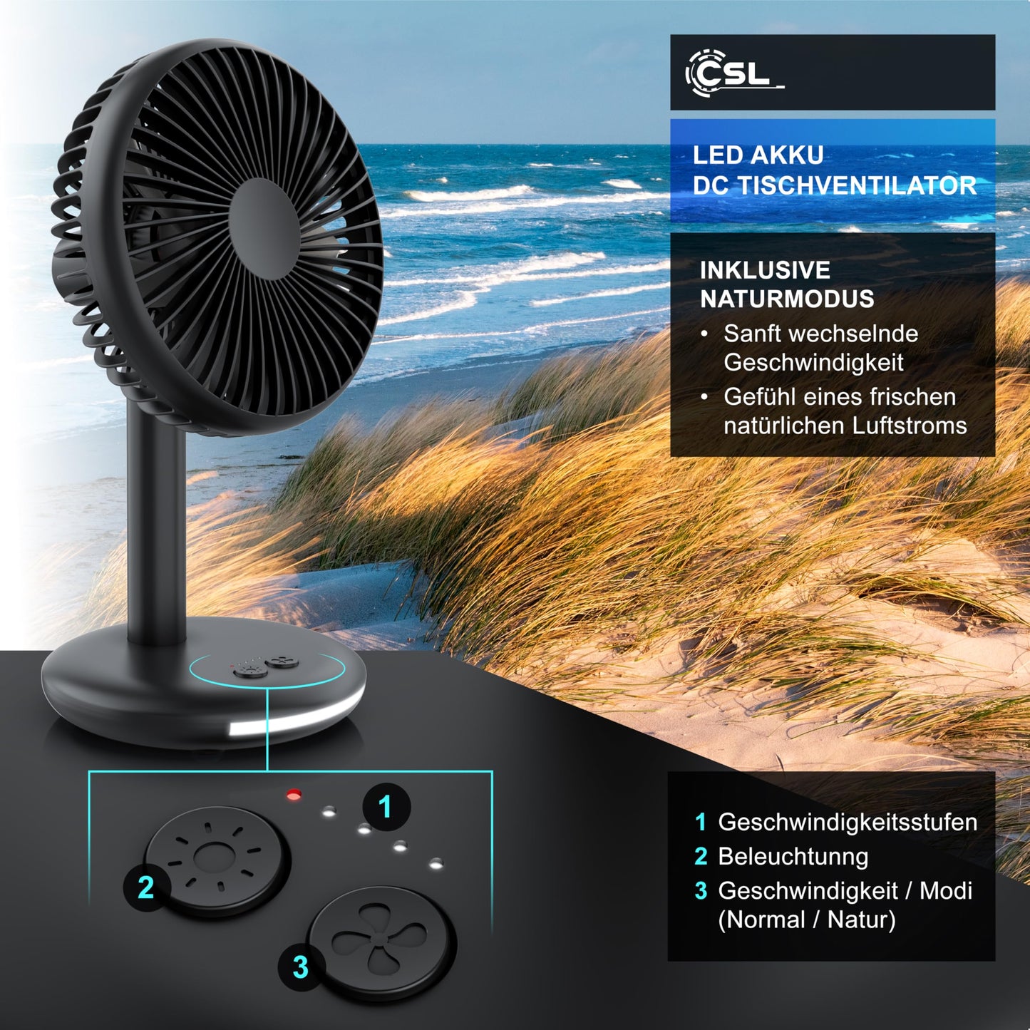 CSL - Table Fan with 2000 mAh Battery - USB Fan - Desk Fan - 3-speed - Energy Efficient - Very Quiet