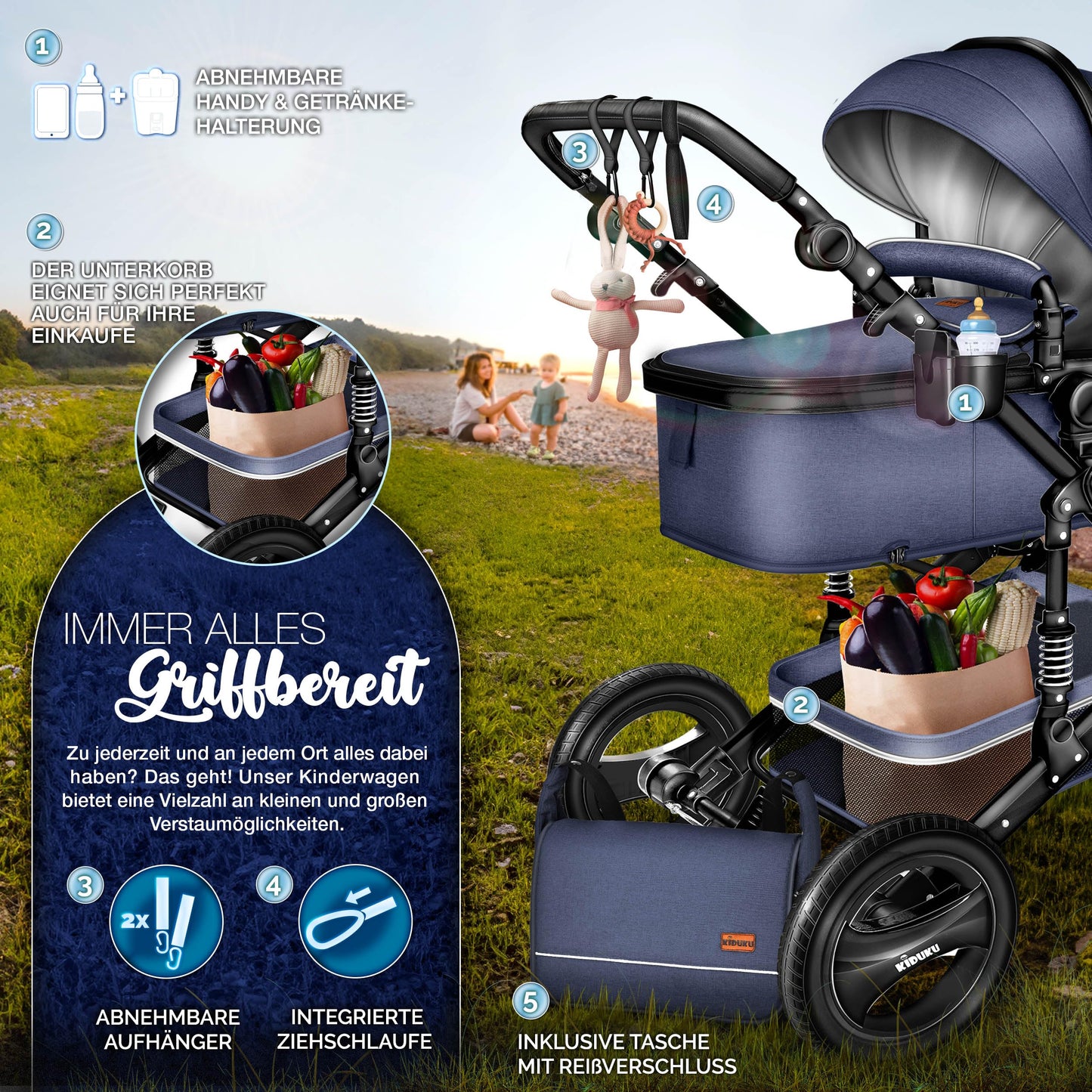 KIDUKU® 3 in 1 stroller XXL complete set | Combination stroller set including baby tub, buggy seat & car baby seat footmuff | solid rubber tires changing bag hand warmer rain cover child table ECE R129