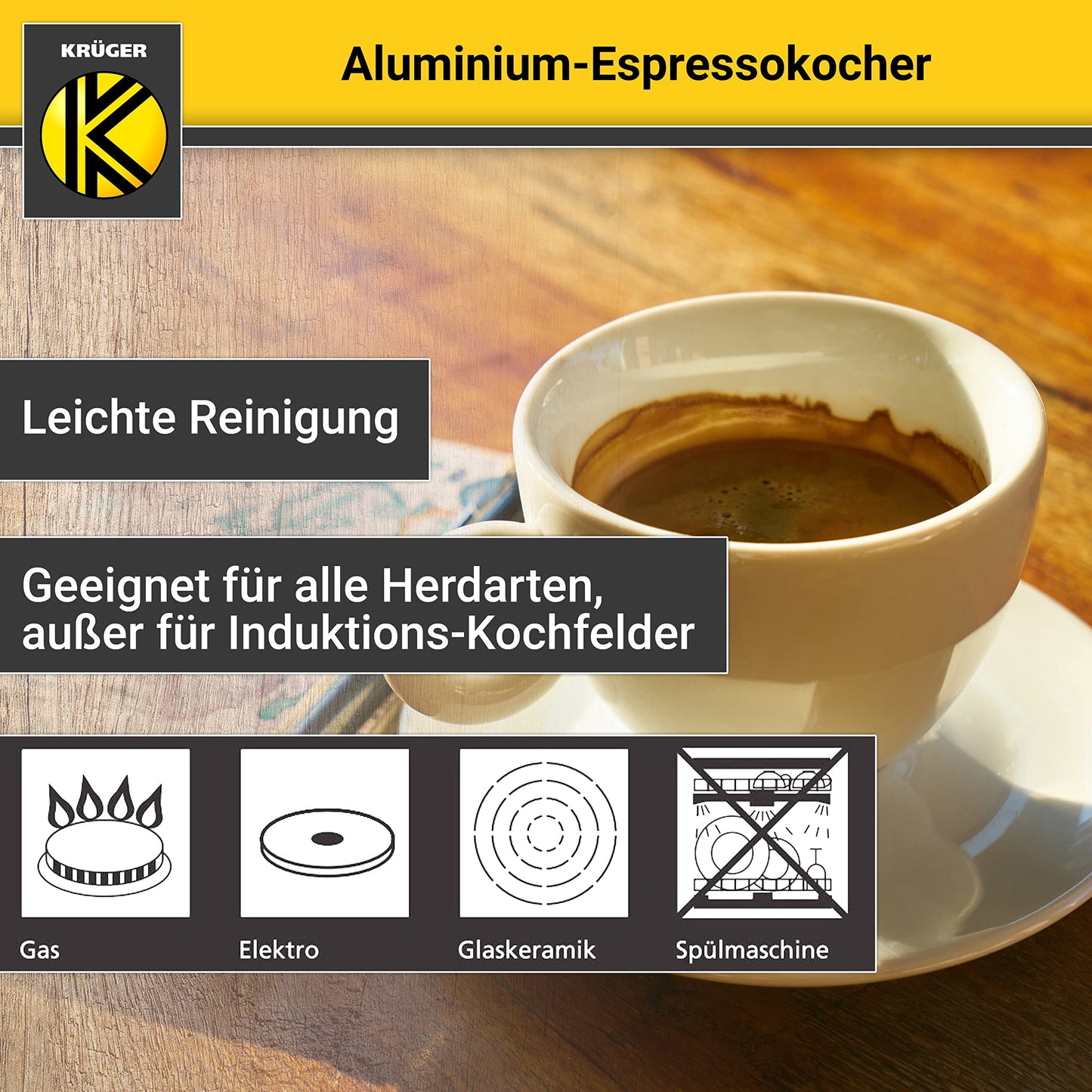 KRÜGER aluminum espresso maker with silicone seal for 1 cup - fast and easy espresso preparation - safety valve prevents overflowing - convenient handle (silver)