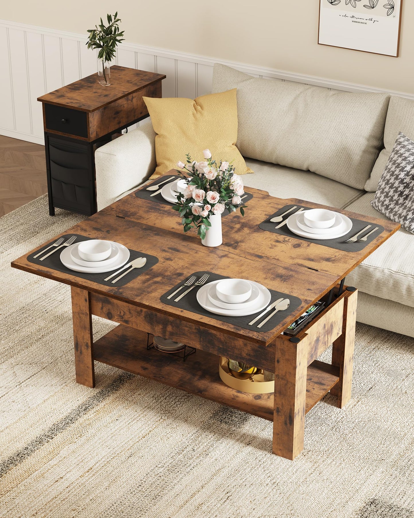 Height-adjustable coffee table, 3-in-1 multifunctional living room table with hidden storage, open shelf, and can be used as a dining table. Perfect for living room, office, in brown color.