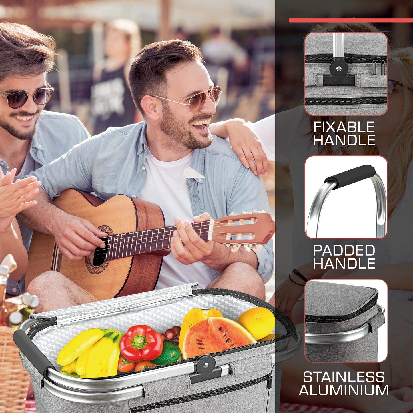 Bomoe 32-liter collapsible cooling basket - shopping basket with 2x cool packs for on the go - outdoor picnic basket waterproof with 16h cooling function foldable carrying handle cooler bag - Icebreezer K47