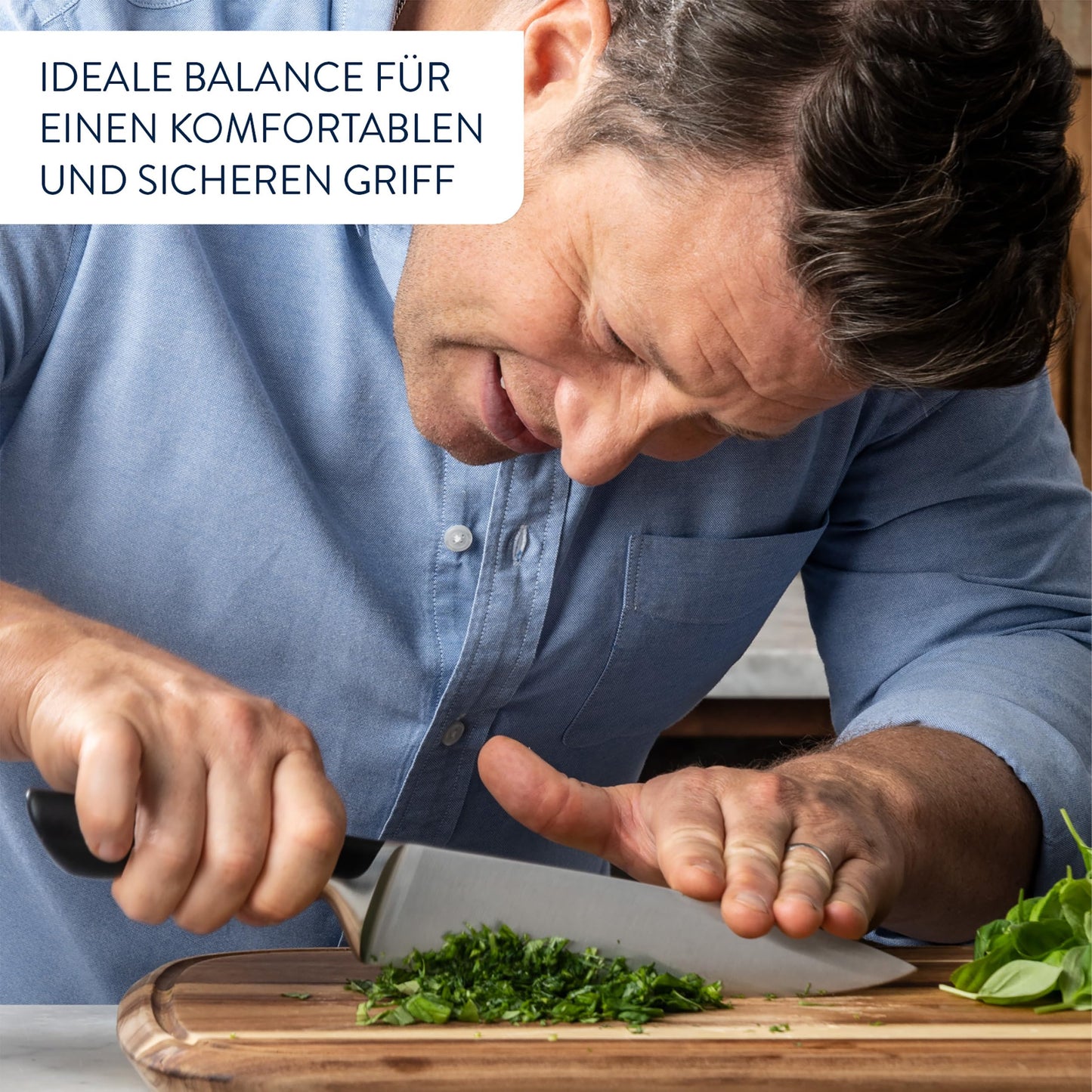 Jamie Oliver by Tefal 5-piece kitchen knife set + block, chef/santoku/bread/utility/paring knives, ice-hardened, German stainless steel blades, acacia wood block, Brown, K267S556