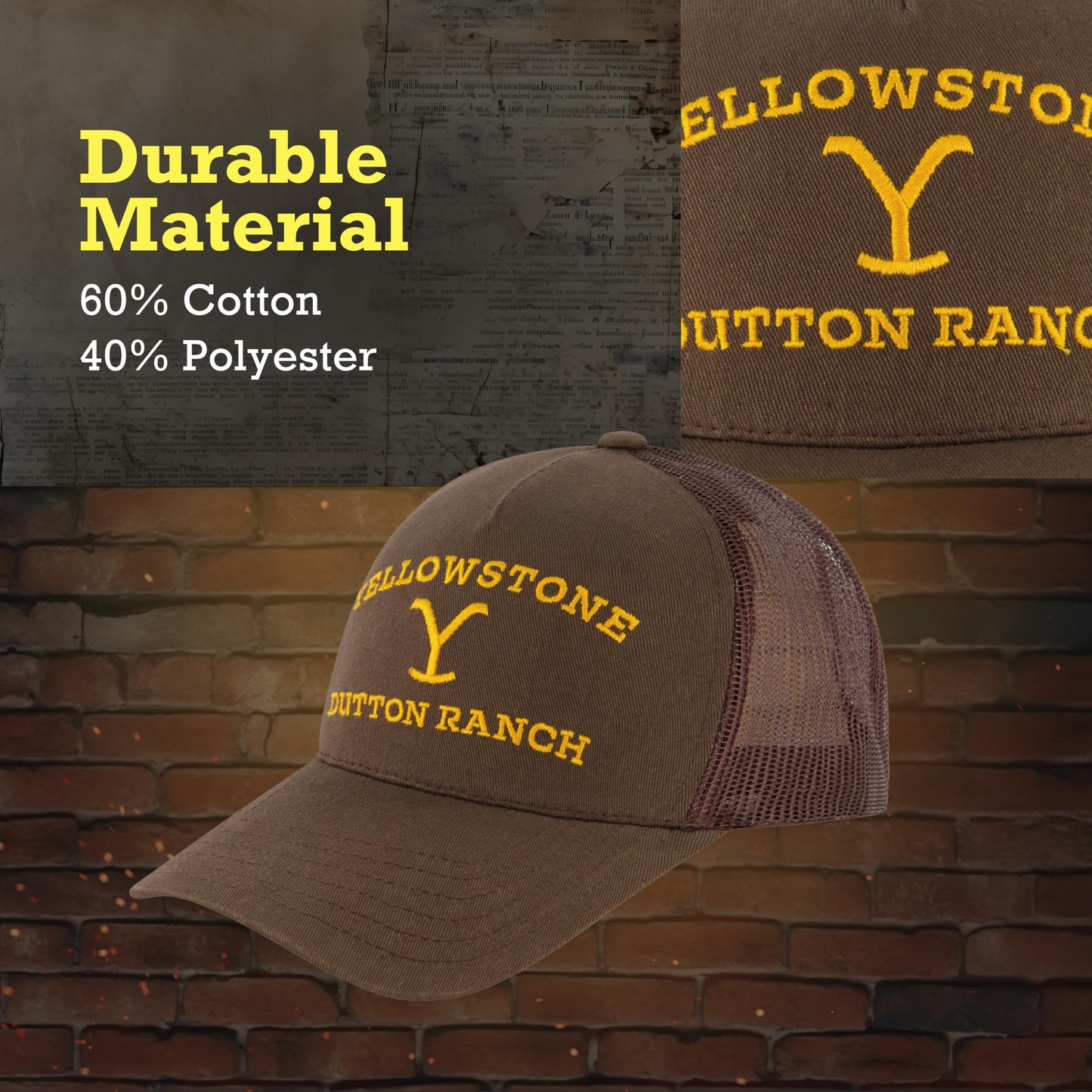 Concept One Adult Unisex Yellowstone Adjustable Mesh Snapback Trucker Hat with Curved Brim Baseball Cap, Brown, One Size.