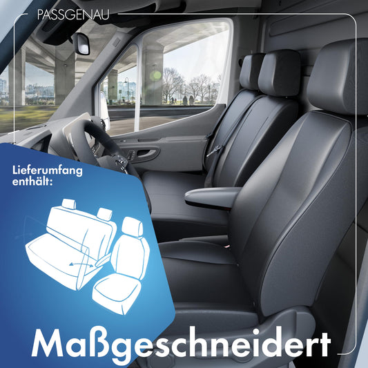 Walser transporter seat covers for VW Crafter, Mercedes Sprinter, 1 single seat (armrest cutout) & double bench, synthetic leather seat covers, seat protectors, seat pads