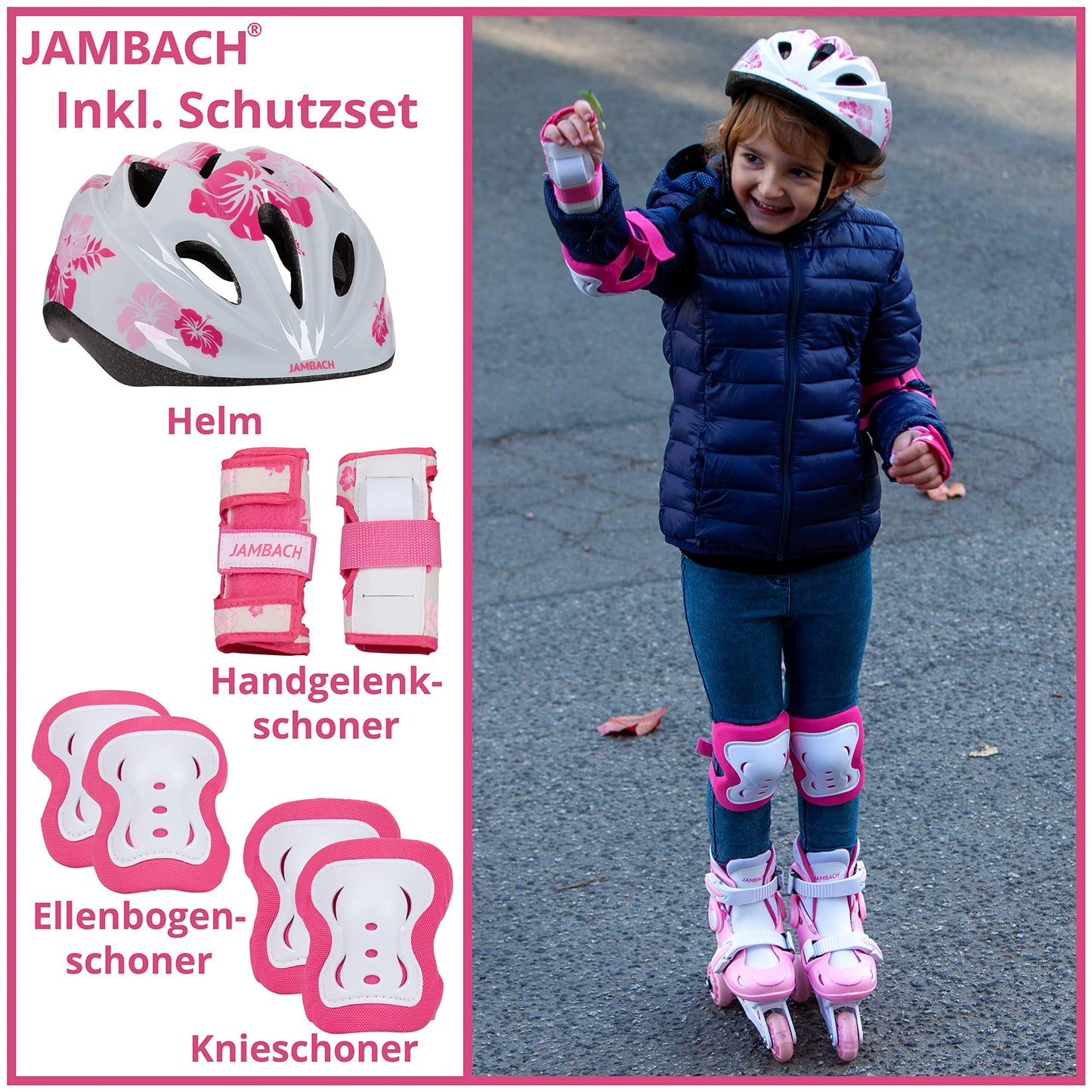 JAMBACH Children's Inline Skates with protective gear, adjustable to roller skates with LED lights (Pink-White, XS (26-29))