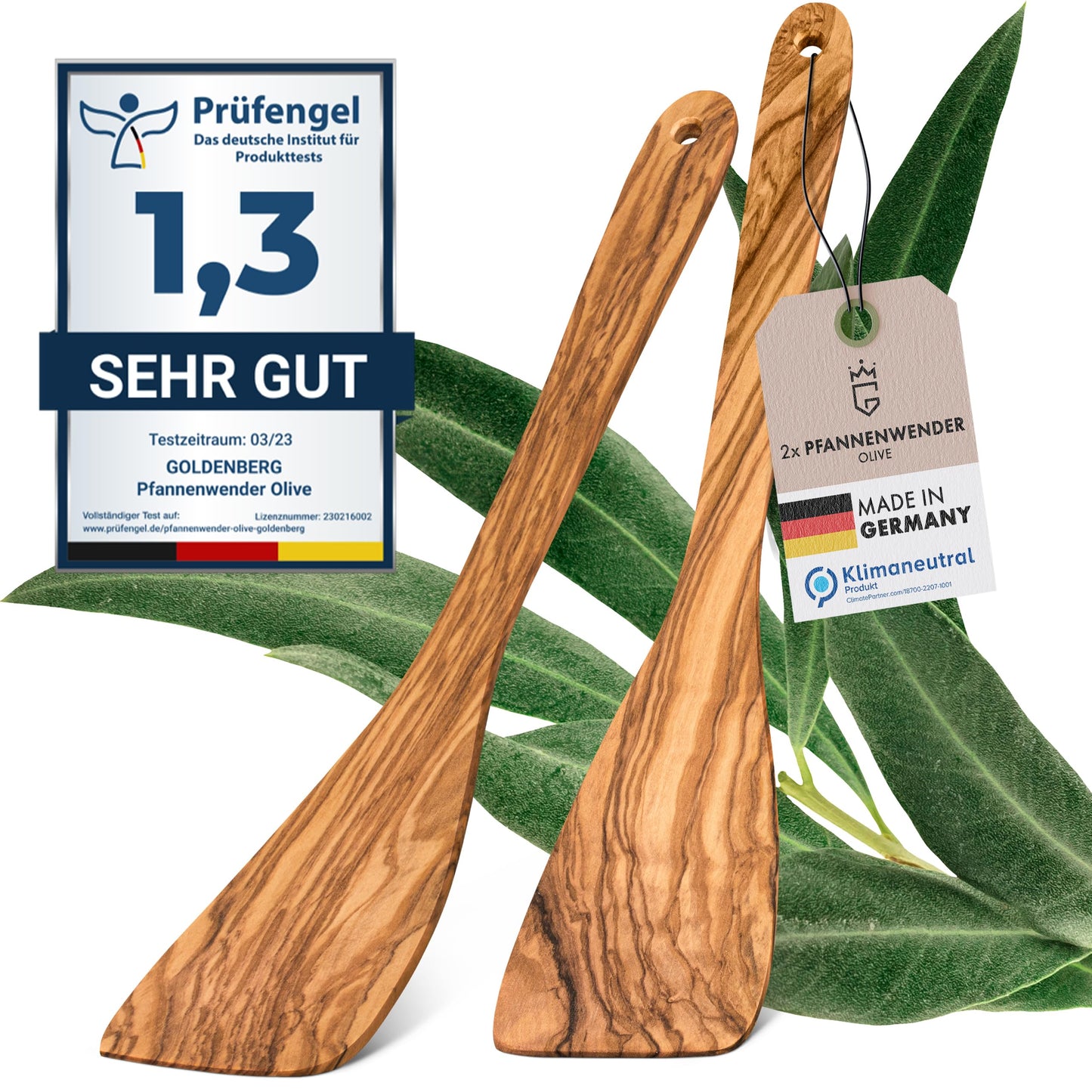 GOLDENBERG® Premium Pancake Turner - Made in Germany - finest olive wood from Italy - sturdy, durable & antibacterial - wood scraper - wood pancake turner
