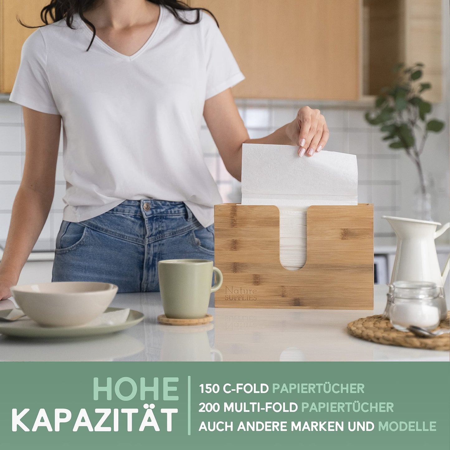 Nature Supplies wooden paper towel dispenser - paper towel holder with wall mounting or table placement, for paper towels with C, Z, or interfold fold.