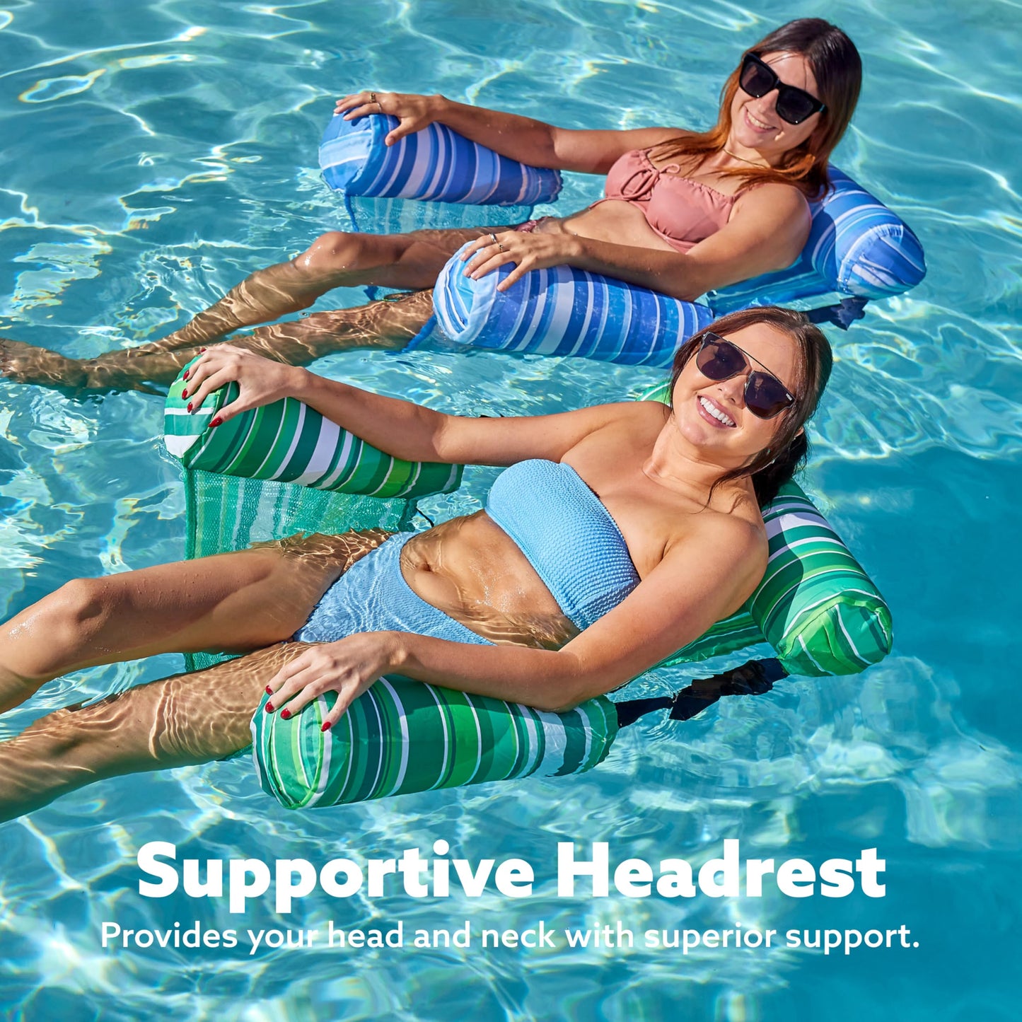 SLOOSH Inflatable Adult Pool Float, 2-Pack Floating Pool Rafts, Adult Inflatable Pool Noodles, Swim Chair for Parties, Summer, Water, Beach, Glow-in-the-Dark Stripes, Green, Blue