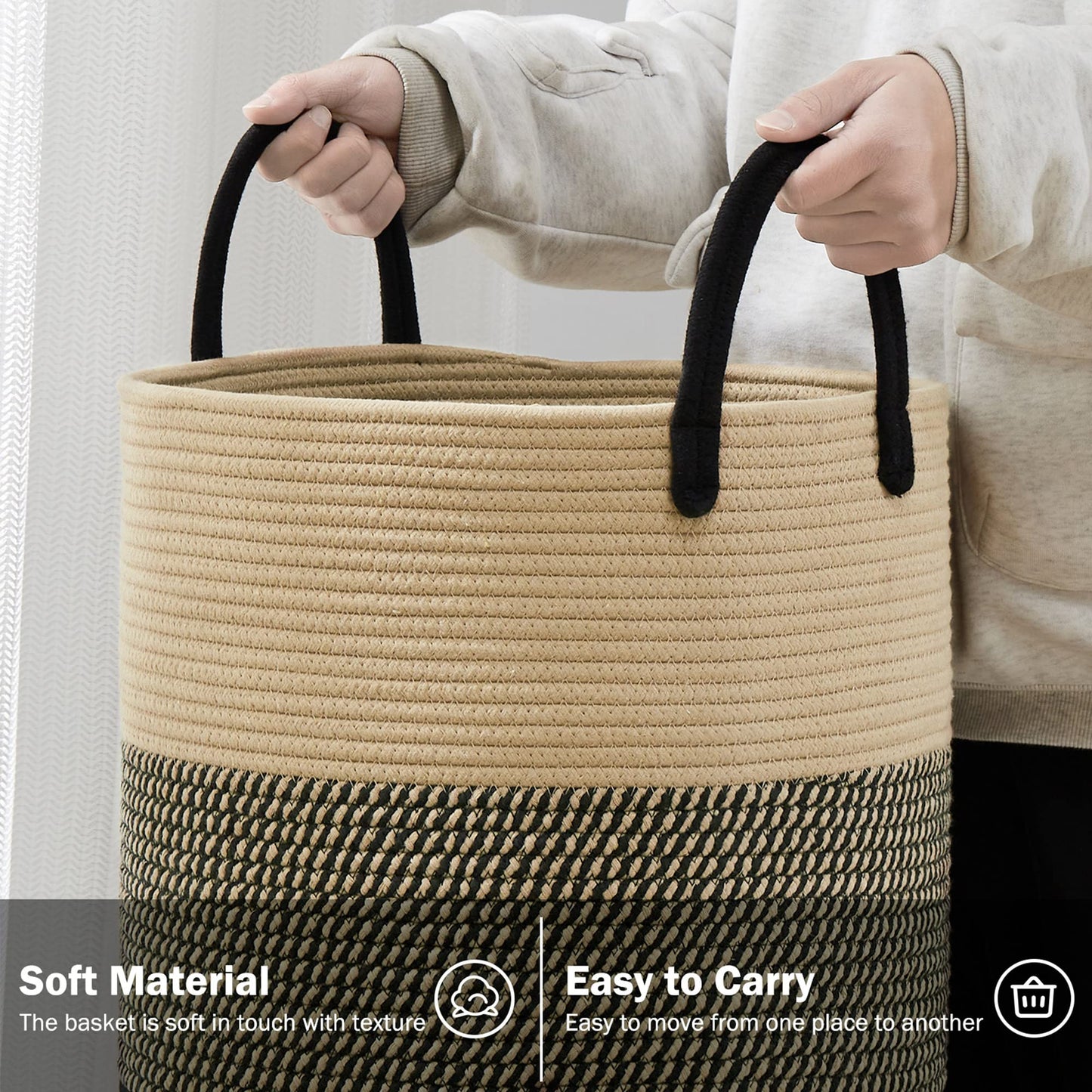 YOUDENOVA Woven Laundry Basket Toy Storage Basket with Handle Handmade from Cotton Z-Brown Black