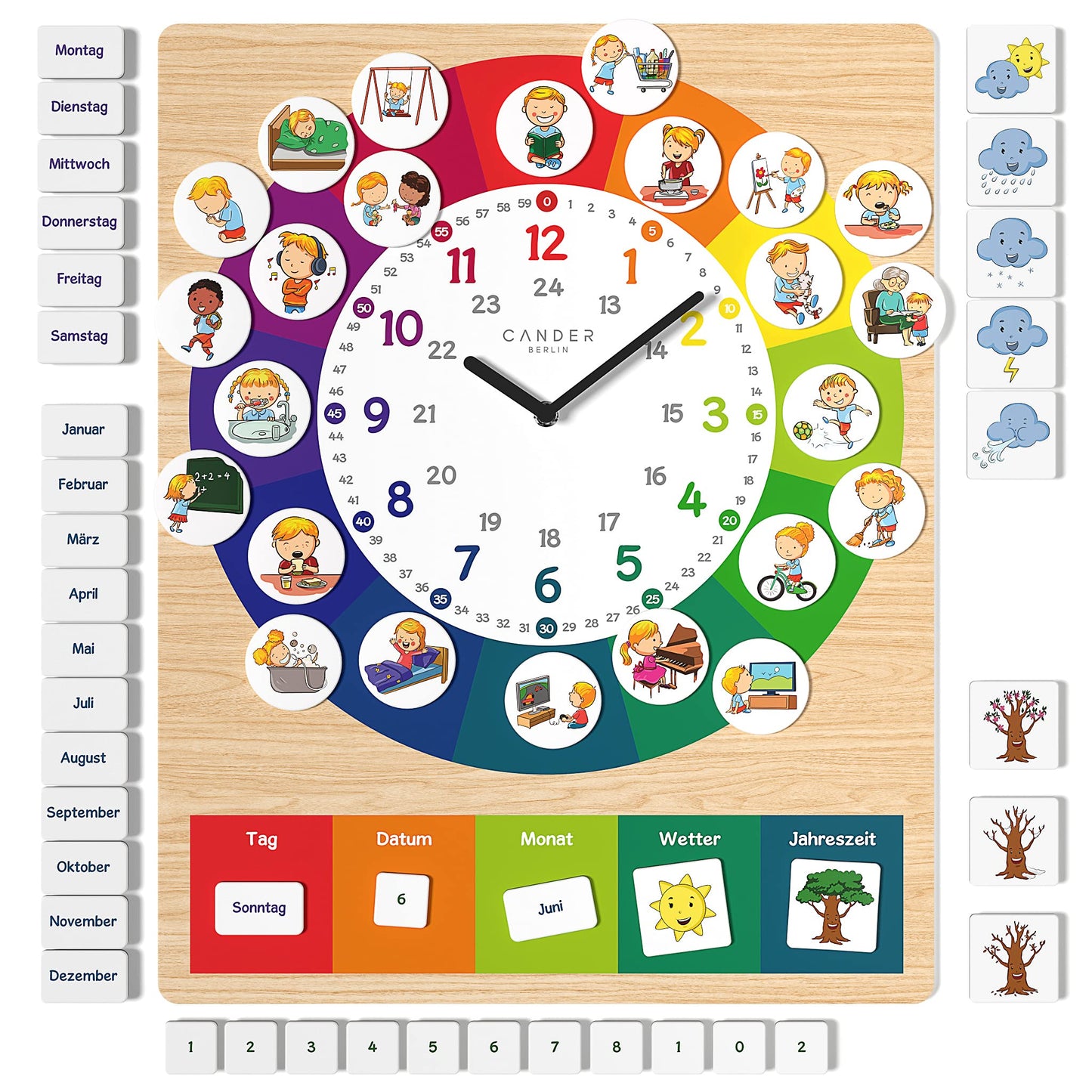 Cander Berlin MNU 11835 R Children's Wall Clock silent 40 x 30 cm noiseless Magnet Pictures Children's Room Daily Routine Wooden design Learning clock Children's room analog without ticking Girls Boys