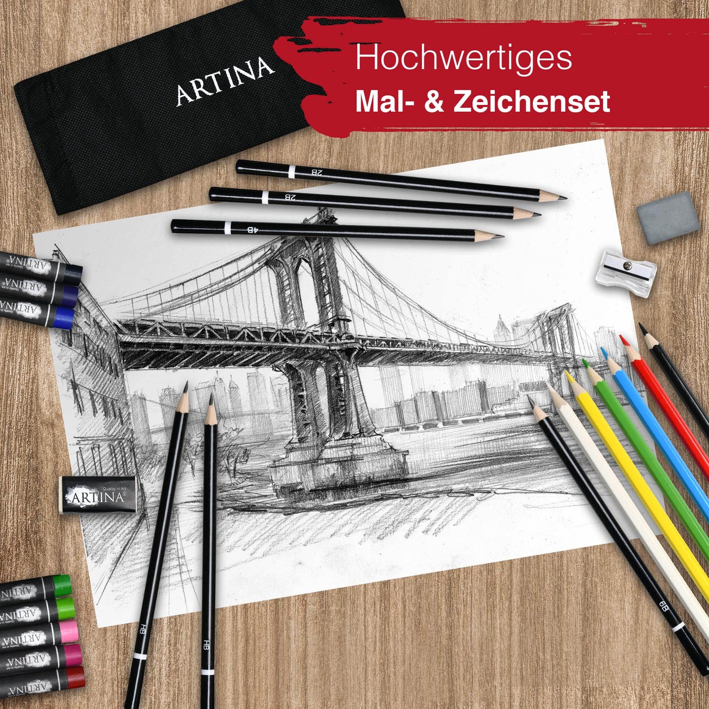 Artina 122tlg XXL Painting Set with Michelangelo Easel - Artist Set Acrylic & Drawing Set - Colored Pencils, Canvas, Brush Set, Watercolors, Pastel Chalk - Great Creative Set for all ages
