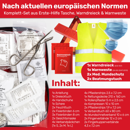 Automobile combination bag (3 in 1) according to current standard 2025 - Including warning triangle, reflective vest, and first aid kit. Warning triangle set FIRST AID KIT Auto DIN 13164:2022 (StVO compliant)