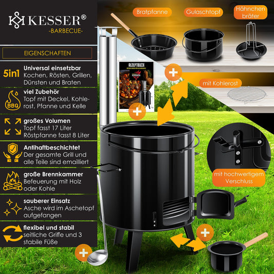 KESSER® Goulash Kettle Goulash Cannon | Dutch oven with grill function Oven Grill Kettle Grill + Chicken roaster 8L pan Goulash pot 17 liters enameled with lid for outdoor kitchen field kitchen