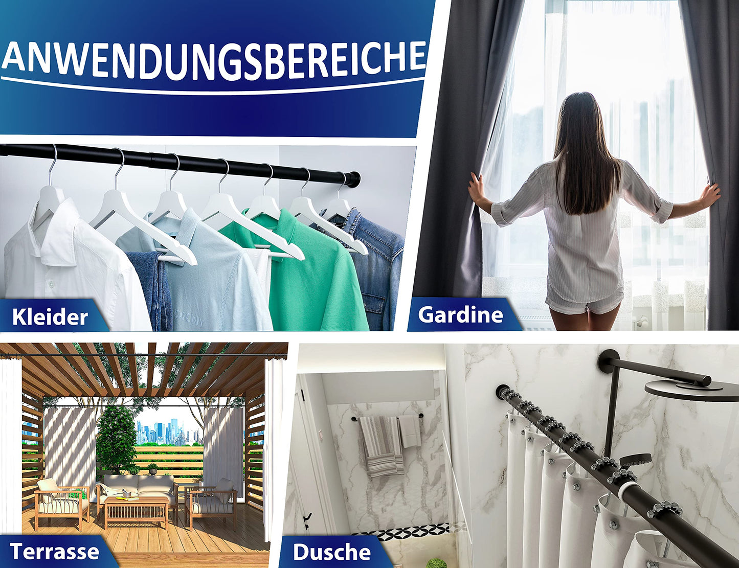 MEISENBERG telescopic tension rod 260-310cm, matte black, Γ 25mm, multifunctional clamping rod without drilling - curtain rod tension rod, shower curtain rods for curtains, bathrooms, and balconies.