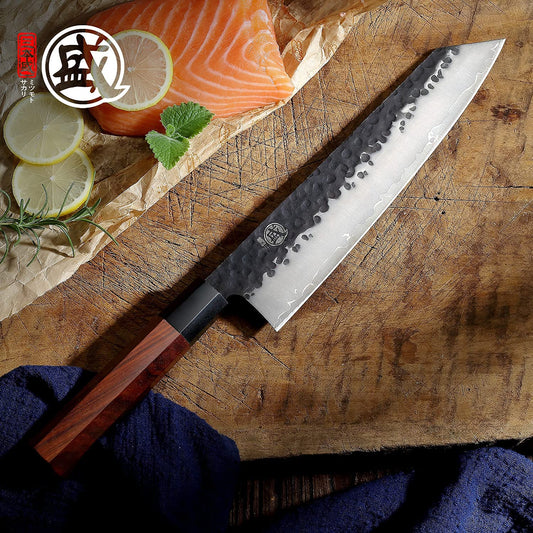 MITSUMOTO SAKARI 23 cm Japanese chef's knife, Kiritsuke kitchen knife Professional steel with high carbon content, Hand-forged meat knife (Rosewood handle & Boutique wooden box)