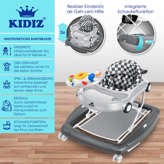 KIDIZ® 4in1 Baby walker activity center - rocker, walker, highchair, and play center with wheels, lights, music, and games. Suitable for babies from 6 months old. Foldable.
