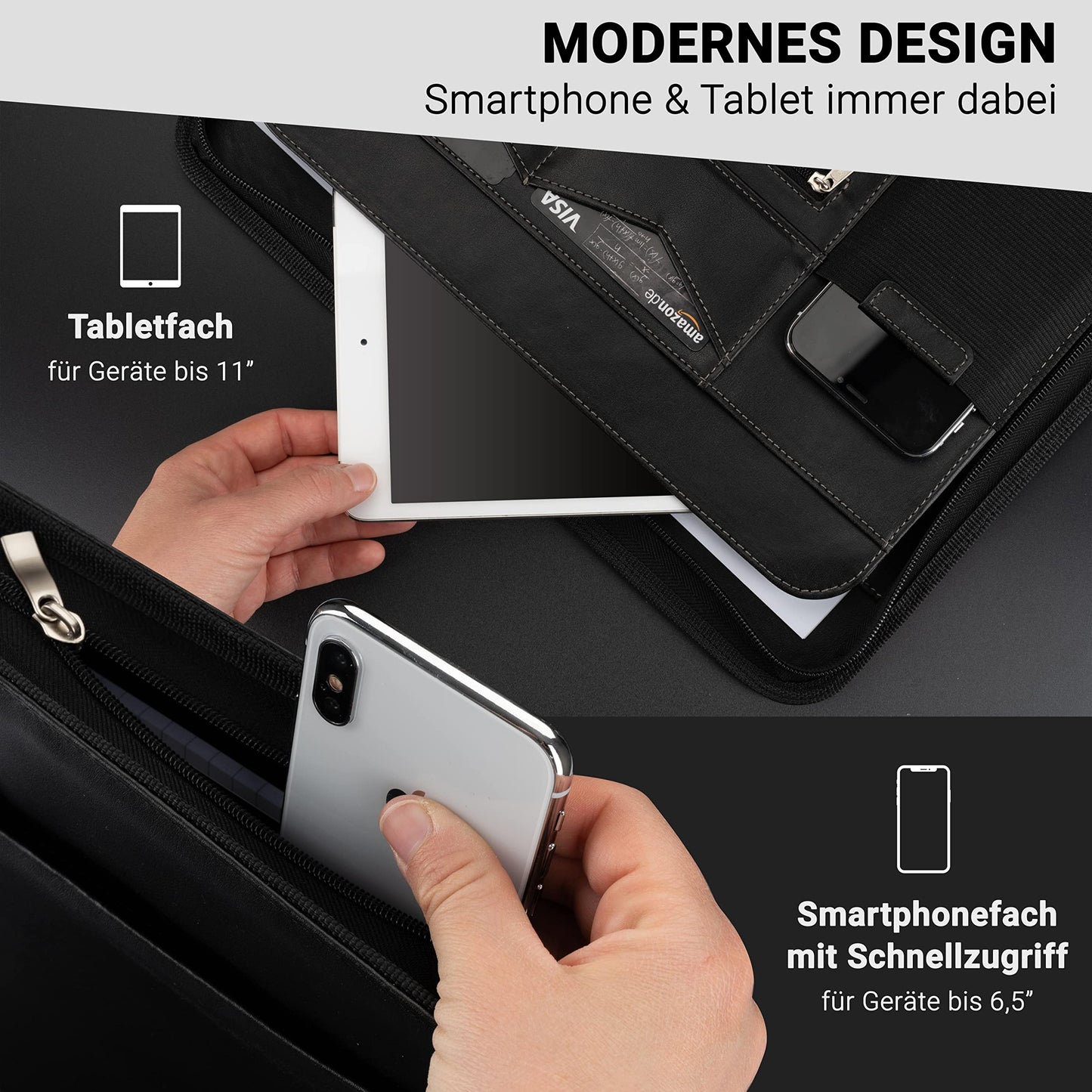 AZORIS PREMIUM® A4 premium folder with double zipper and 13-inch tablet compartment, professional faux leather conference folder for men and women.