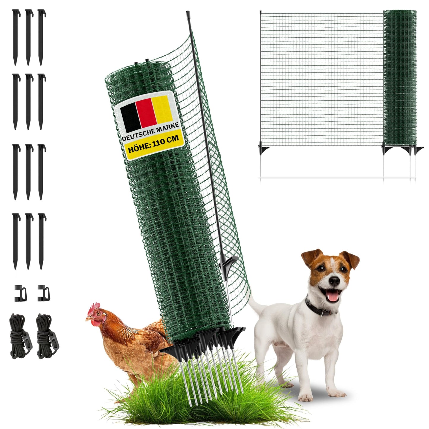 Horizontal boundary fence FIX, portable fence 25m long & 110cm high, close-meshed for garden, camping & pets, including 15 fiberglass stakes & 20 pegs, bed protection, dog fence, barrier fence, plug-in fence.
