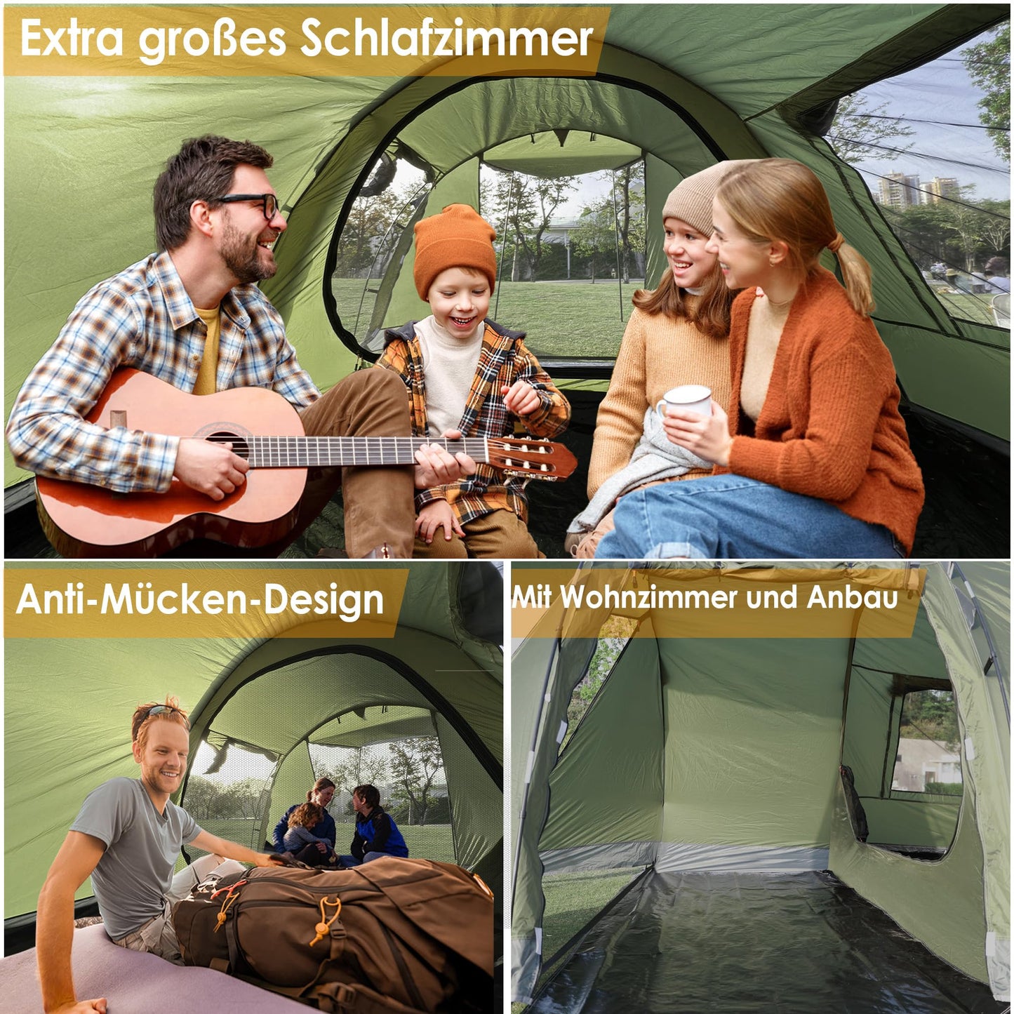 Camping tent for 4 people, 5000mm waterproof tunnel tent. Family tent, group tent, vestibule, sun shade, tipi tent. Large camping tent with sleeping cabin, glamping tent with removable tent floor.