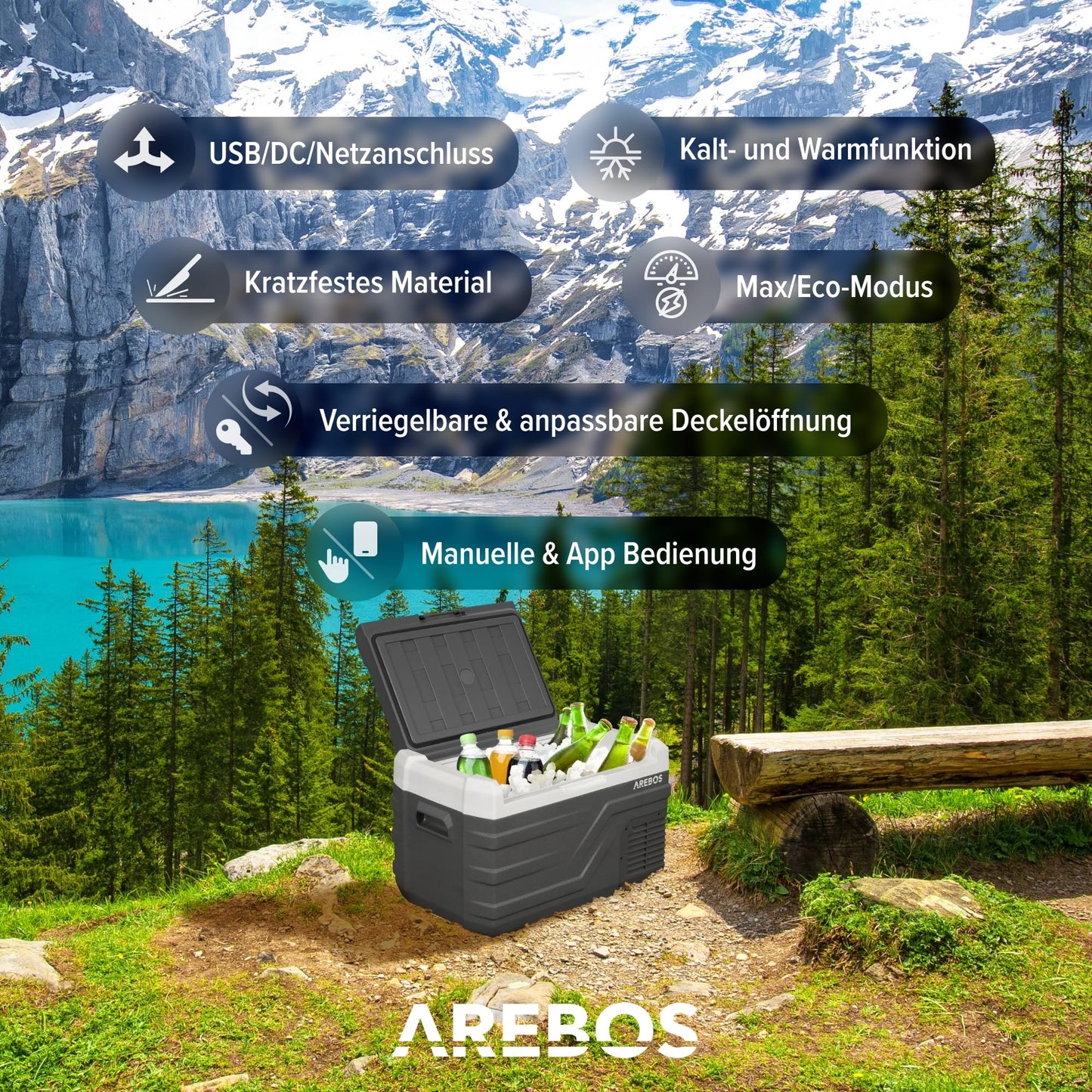 Arebos Compressor Cooler Box 26 Liter | Electric Freezer Box with APP & Smart Control | Portable Cooler with USB Port | up to -20°C | 12/24 V 230V | for Car, Truck, Camping, Boat, RV