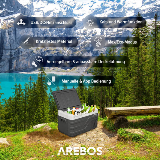 Arebos Compressor Cooler Box 26 Liter | Electric Freezer Box with APP & Smart Control | Portable Cooler with USB Port | up to -20°C | 12/24 V 230V | for Car, Truck, Camping, Boat, RV