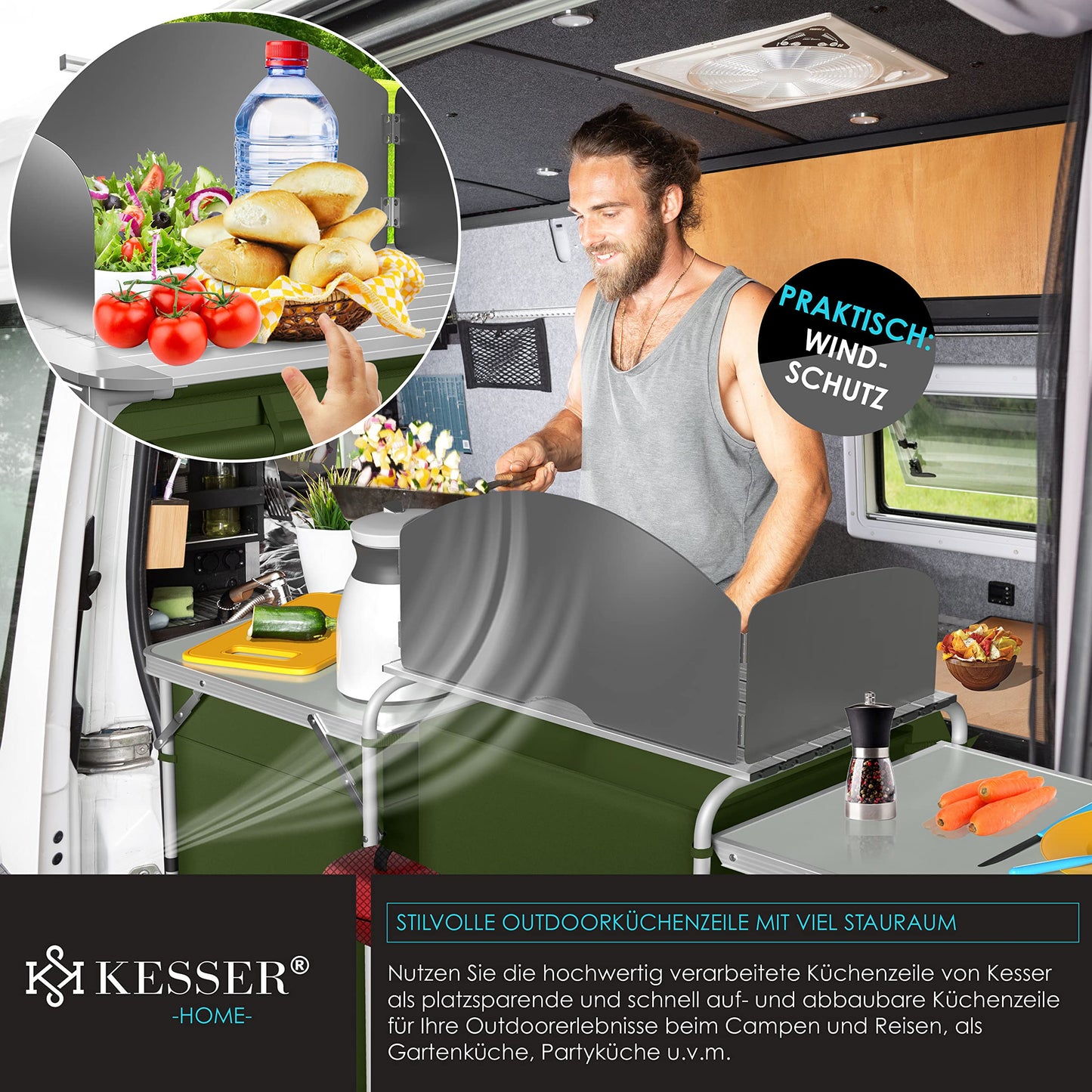 KESSERยฎ camping kitchen | Includes carrying bag & cup set | Folding camping cabinet | with aluminum frame | Travel kitchen | Kitchen box | Tent cabinet | Outdoor camping kitchen | Khaki | Type Big