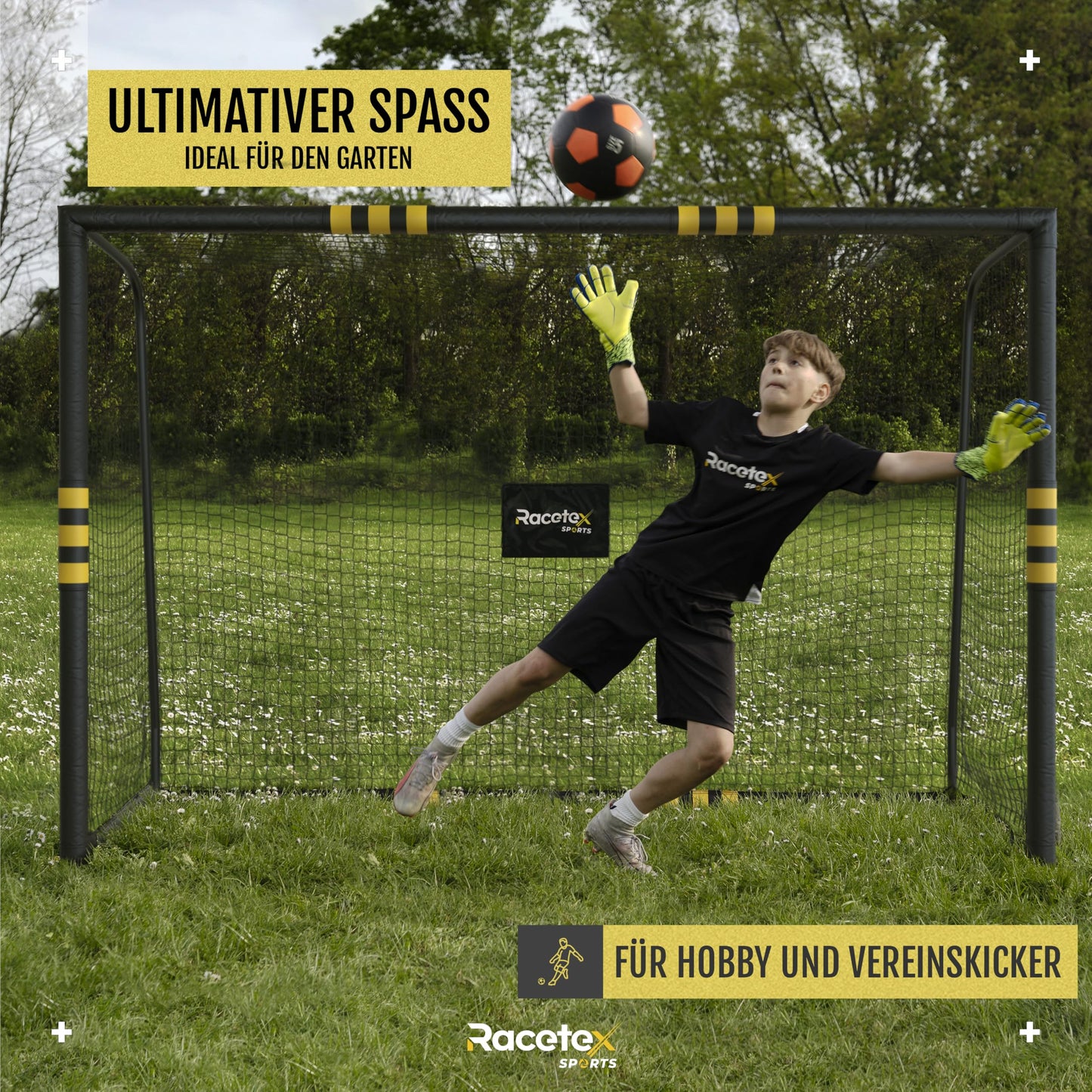 Racetex soccer goals for garden, kids, and adults with anti-rust coating. Includes ground anchors for optimal stability and padding all around (180cm x 120cm).