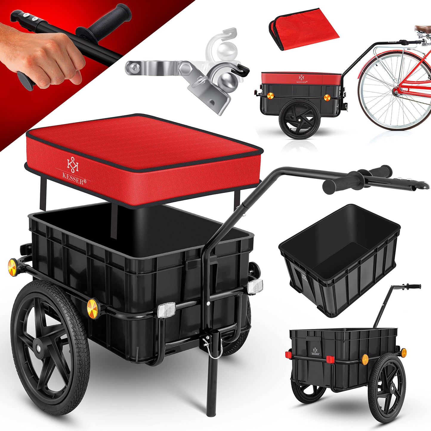 KESSER® Bike trailer, cargo trailer, hand cart with coupling, high drawbar, for transporting bikes. Transport box with 70 liters volume, max. 60kg, + accessories for bikes with 26-28 inches, red.