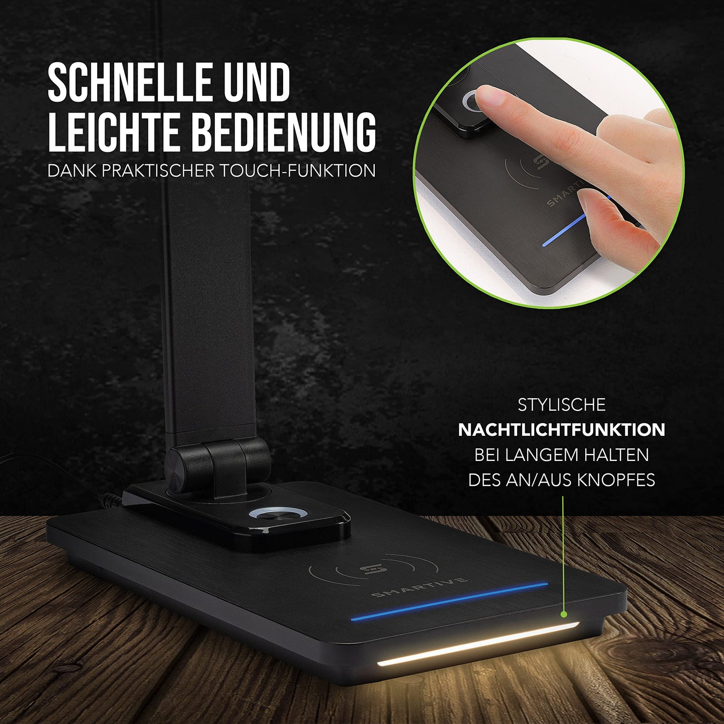 SMARTIVE | Design desk lamp with wireless charging function - LED office lamp with 10W wireless charging - eye-friendly dimmable light and cable-free charging | black desk lamp + USB output