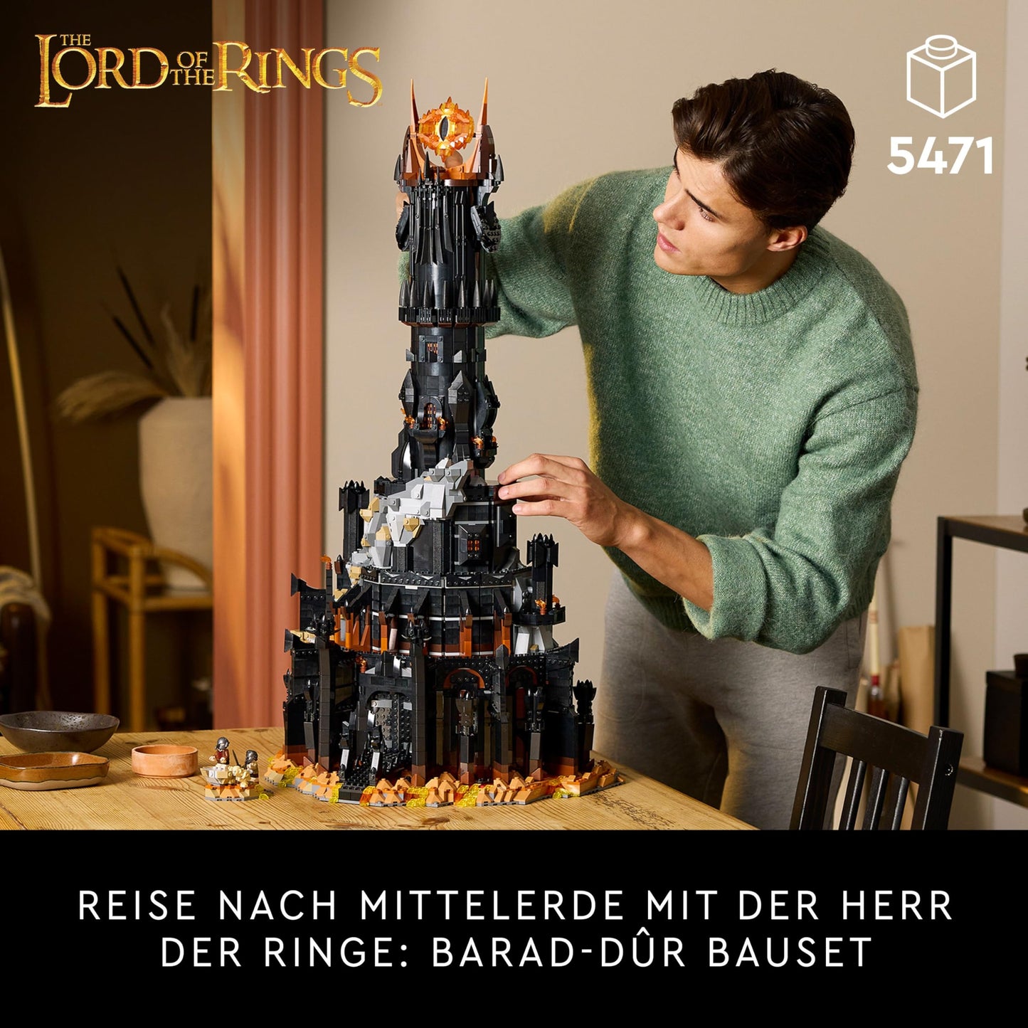 LEGO Icons The Lord of the Rings: Barad-dûr, adult building set featuring minifigures Sauron, Gothmog, Orc, Frodo, Sam, and Gollum. A film collectible and fan favorite. Item 10333.