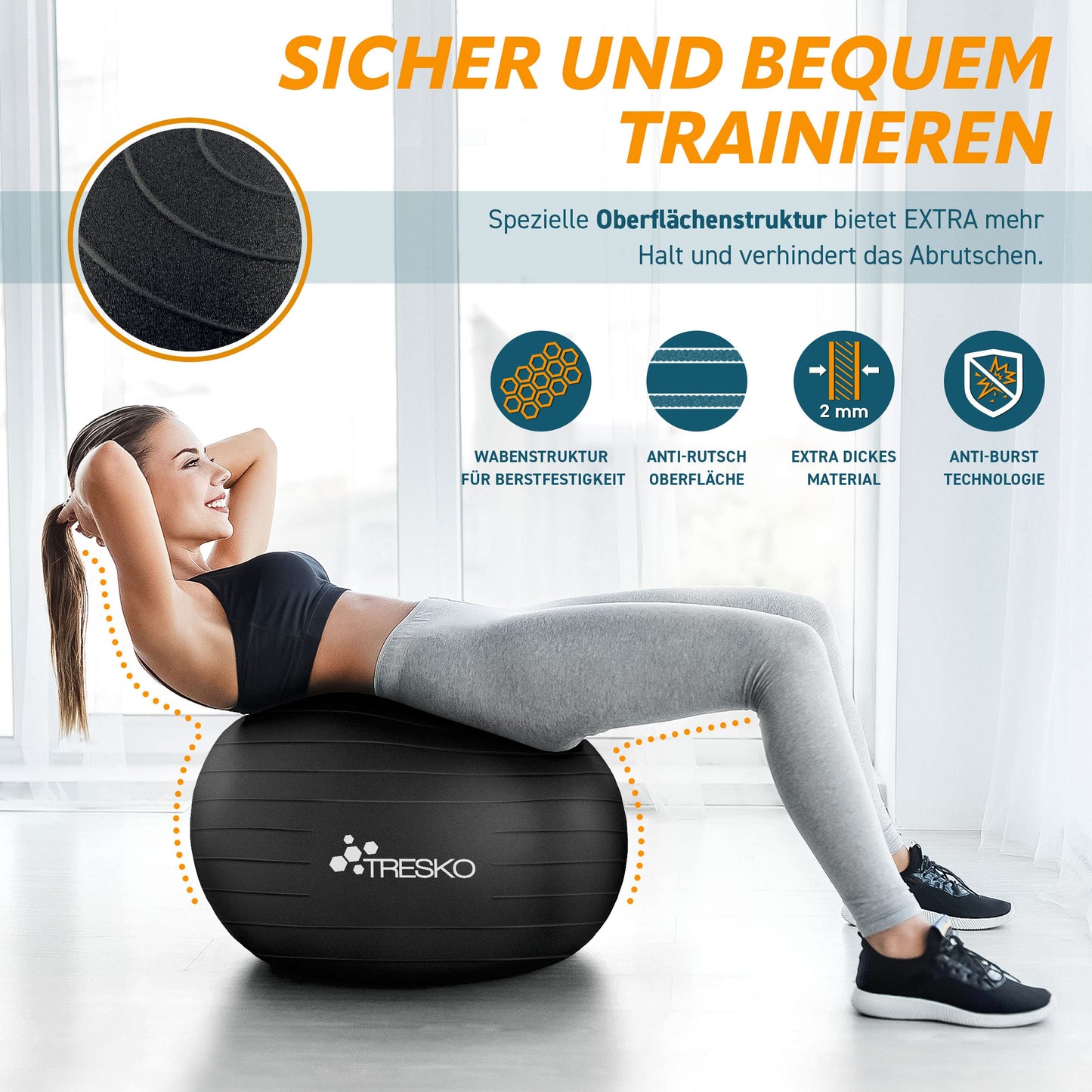 TRESKO Exercise Ball with FREE workout poster and pump - Yoga Ball BPA-Free | Office Chair Ball | Anti-Burst | 300 kg, Black, 85cm (for body height over 185cm)
