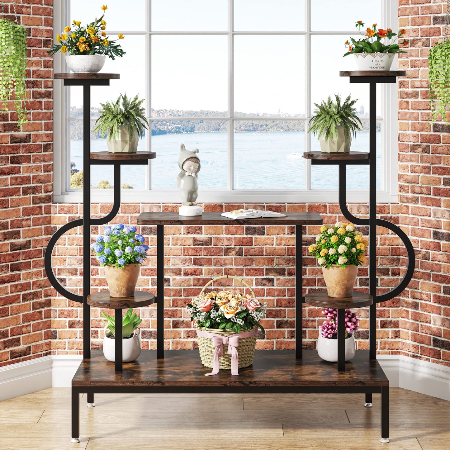 Tribesigns 5-tier metal plant stand for indoor and outdoor use. Multi-level flower stand flower ladder plant ladder wood pot holder for living room balcony (Rustic Brown)