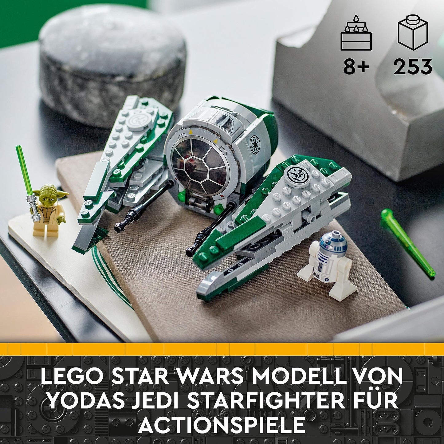LEGO 75360 Star Wars Yoda's Jedi Starfighter building toy, Clone Wars vehicle set with Master Yoda minifigure, lightsaber, and R2-D2 droid figure.