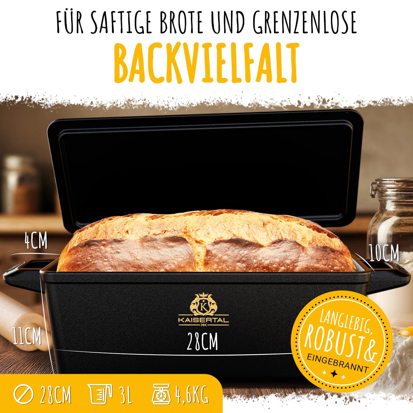KAISERTAL Cast Iron Bread Baking Pan with Lid 28cm - Sturdy cast iron pot for baking bread - Ideal as bread mold, bread pot, loaf pan and bread baking molds - including baking accessories
